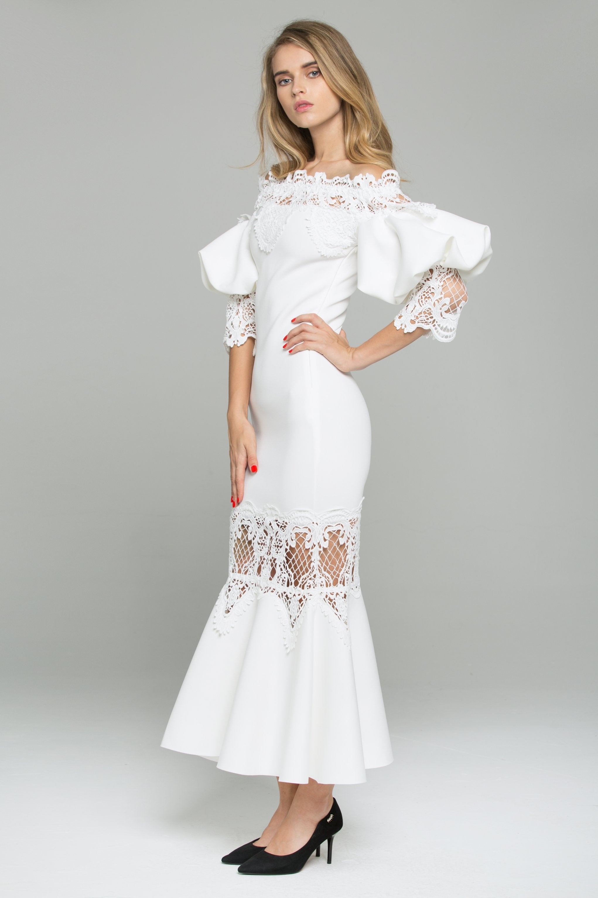 White Satin Off-The-Shoulder Puff Sleeved Lace Detail Midi Dress - ownthelooks-Development