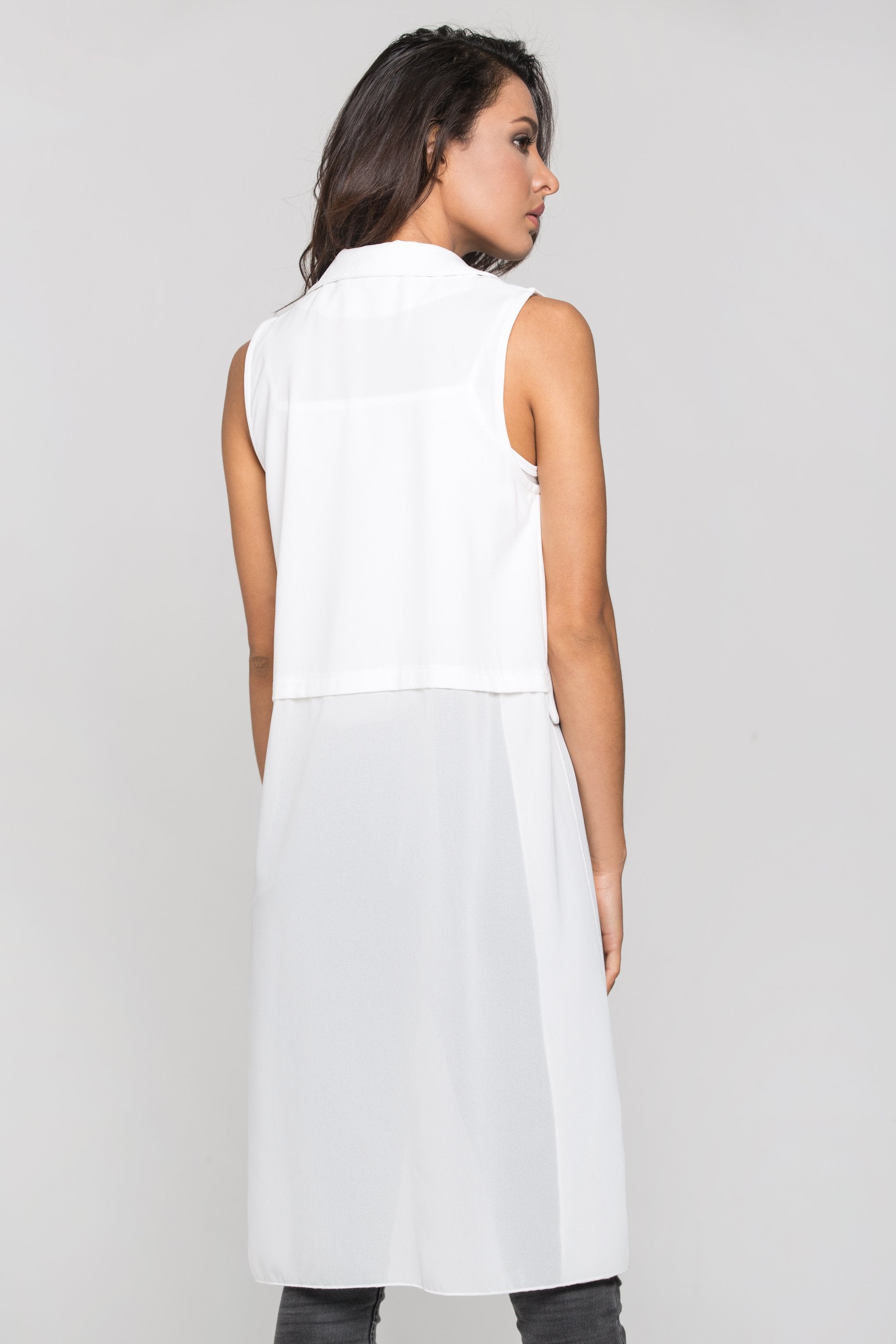 White Sheer Hem Long Vest - ownthelooks-Development