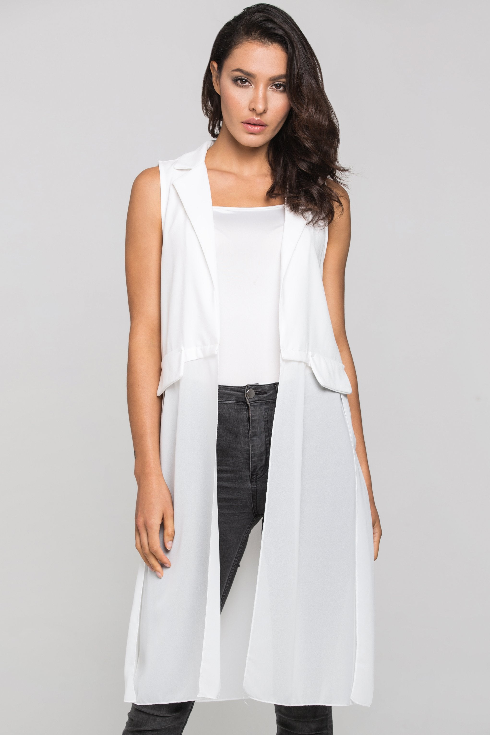 White Sheer Hem Long Vest - ownthelooks-Development