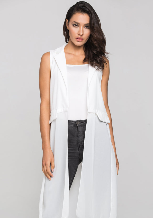 White Sheer Hem Long Vest - ownthelooks-Development