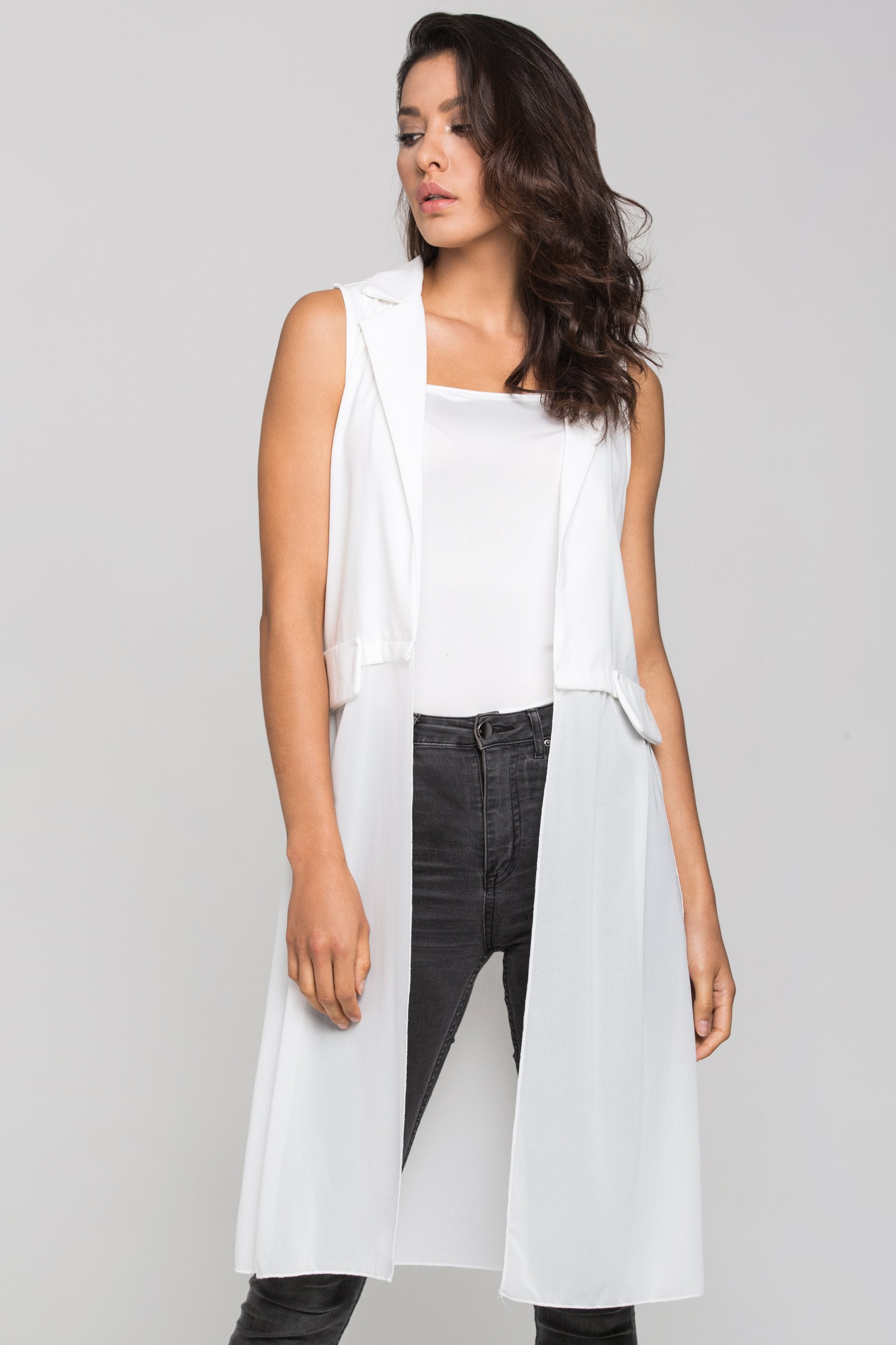 White Sheer Hem Long Vest - ownthelooks-Development