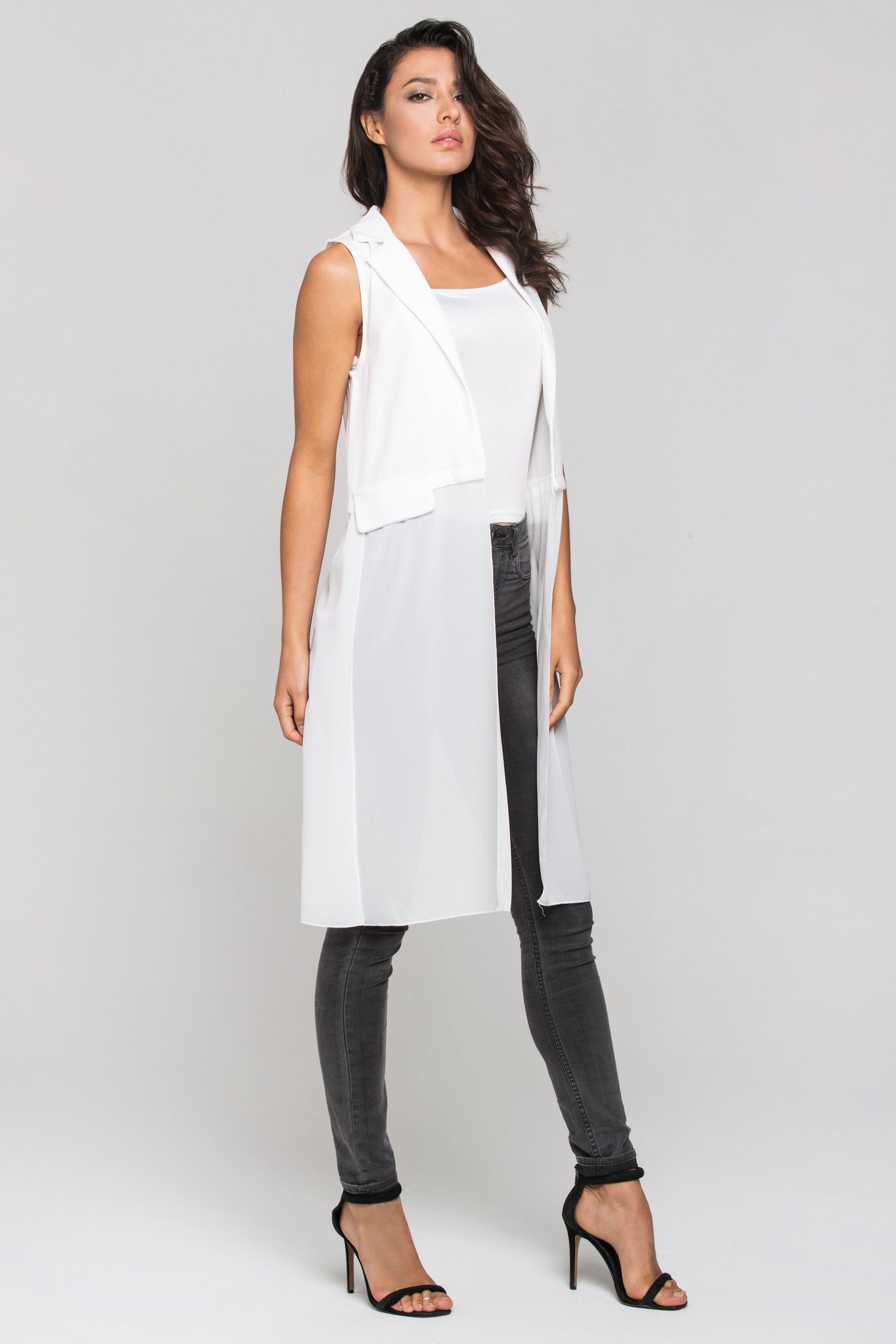White Sheer Hem Long Vest - ownthelooks-Development