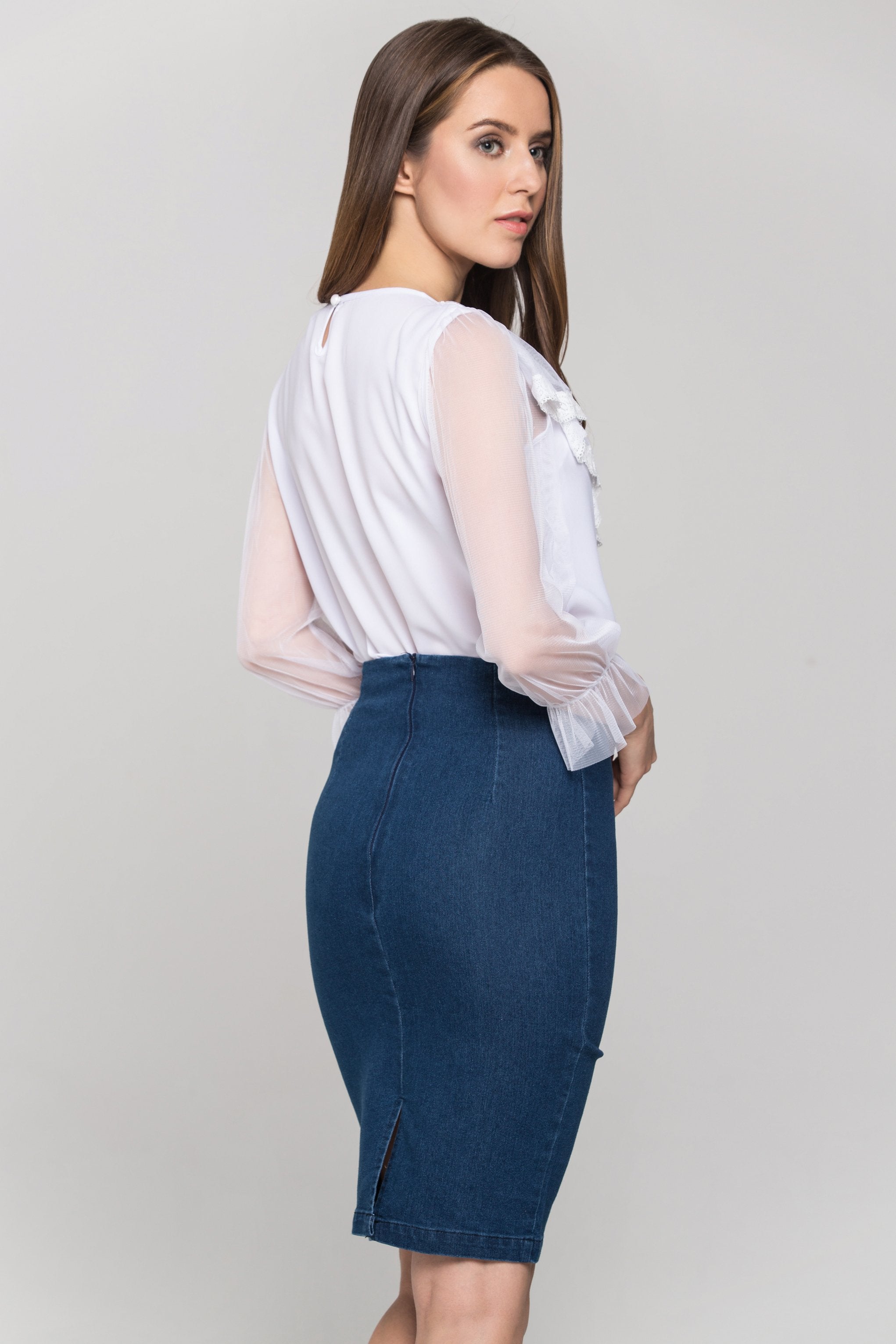 White Sheer Sleeves Gabot Top and Denim Skirt - ownthelooks-Development