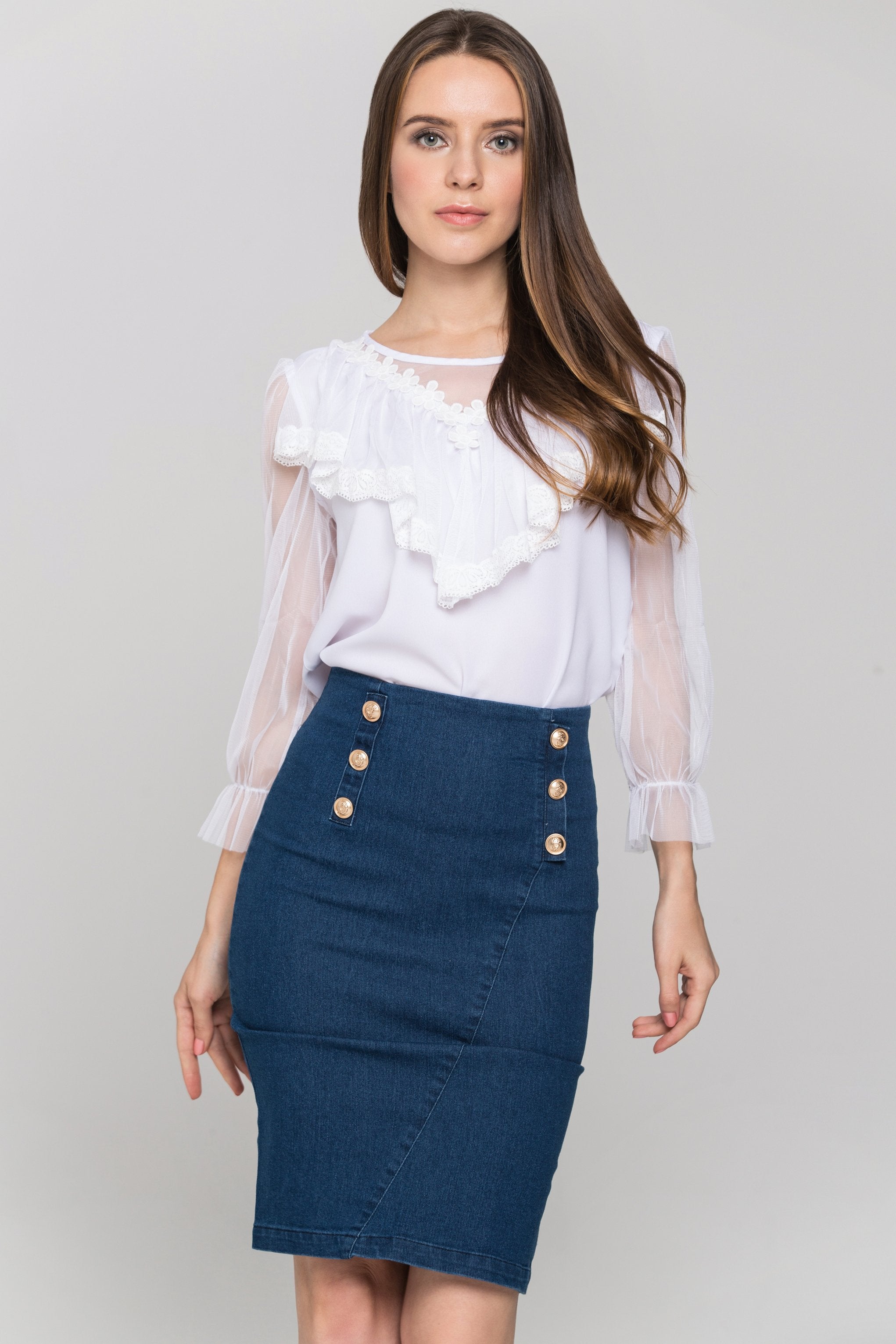 White Sheer Sleeves Gabot Top and Denim Skirt - ownthelooks-Development