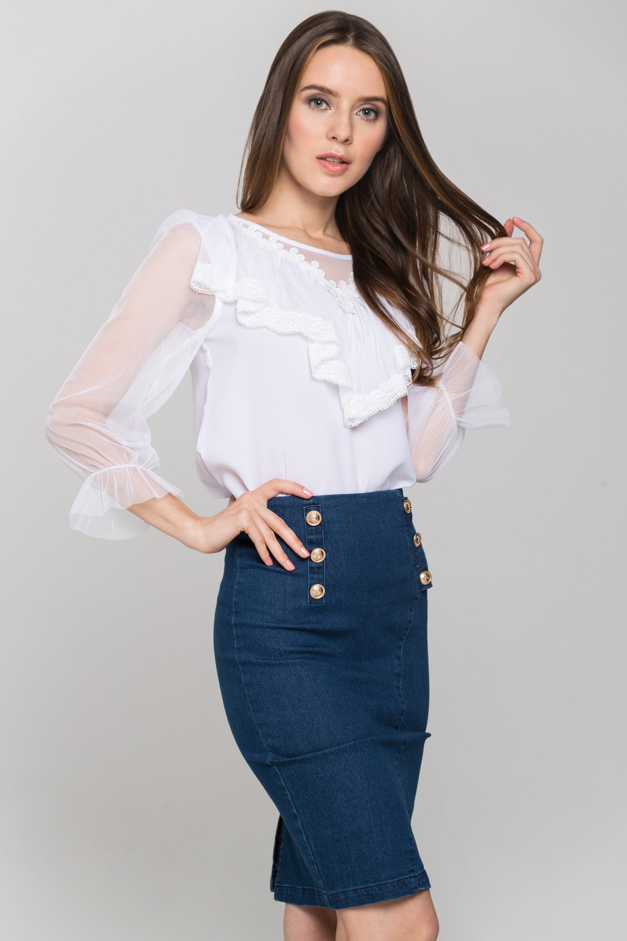 White Sheer Sleeves Gabot Top and Denim Skirt - ownthelooks-Development