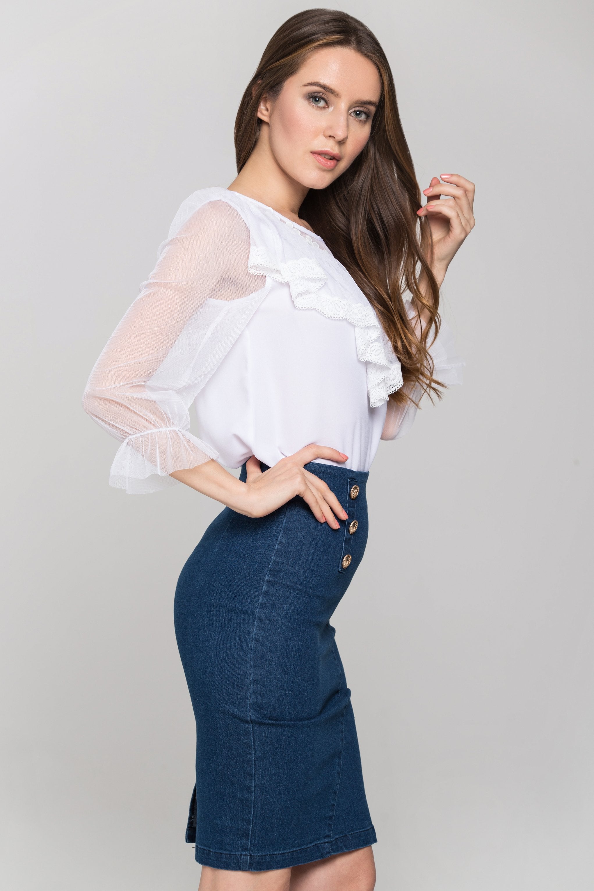 White Sheer Sleeves Gabot Top and Denim Skirt - ownthelooks-Development
