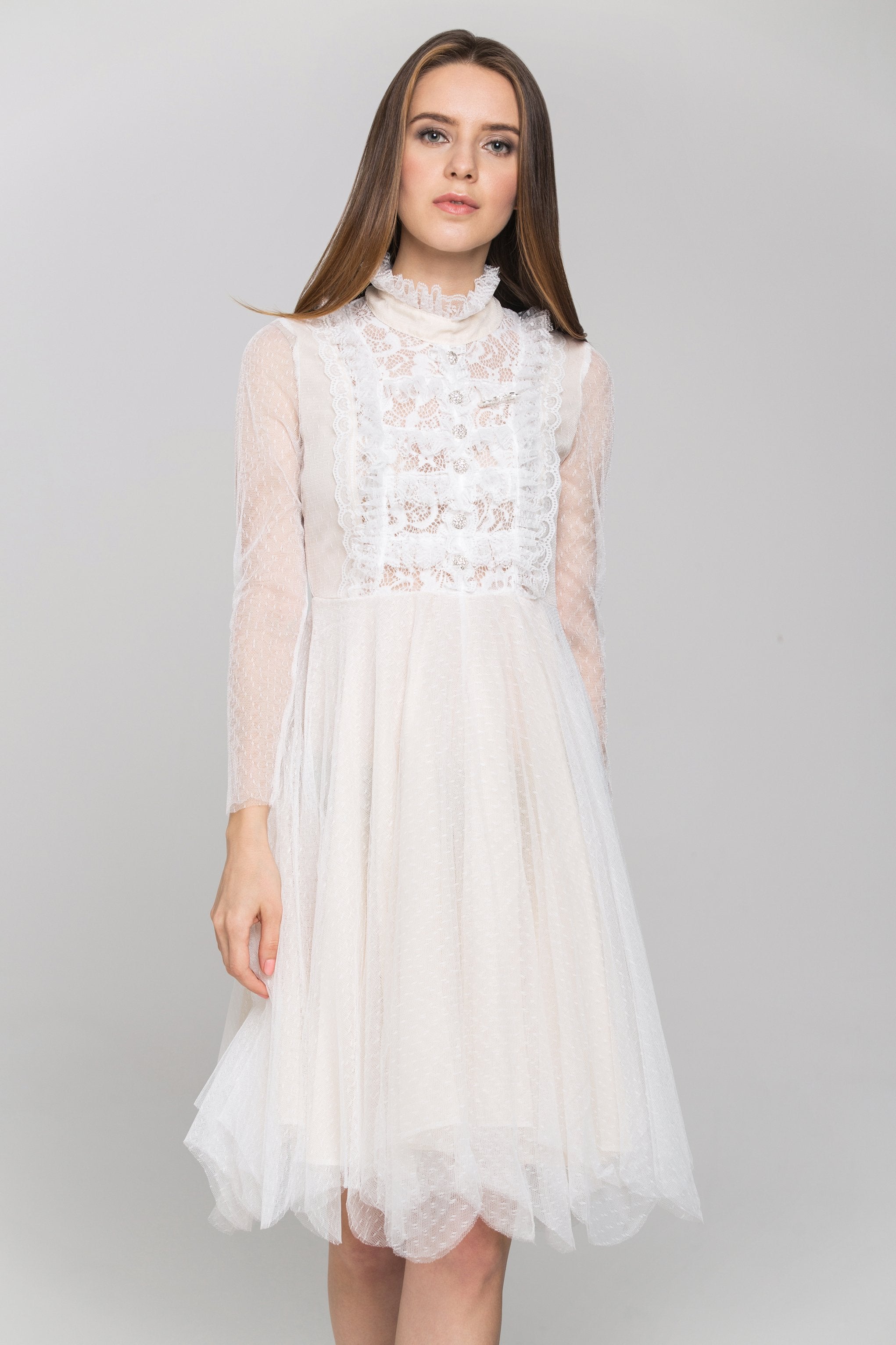 White Sheer Sleeves Lace Bib Midi Dress - ownthelooks-Development