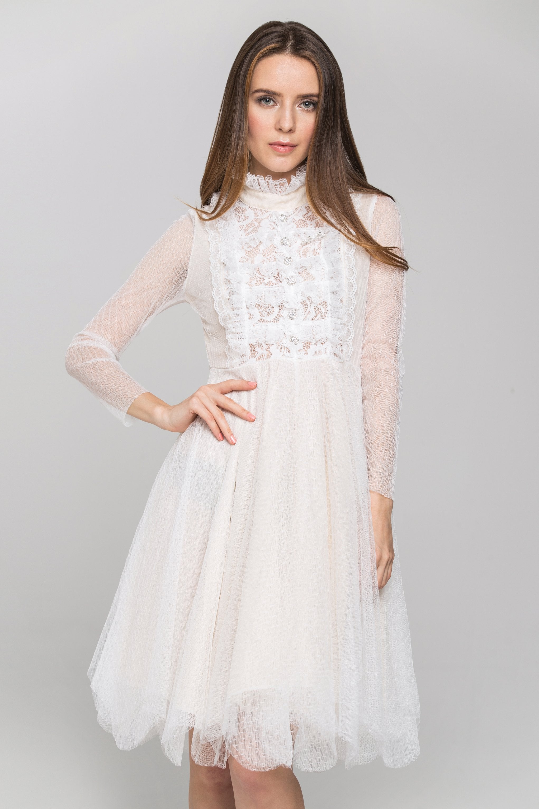 White Sheer Sleeves Lace Bib Midi Dress ownthelooks-Development White Sheer Sleeves Lace Bib Midi Dress ownthelooks-Development