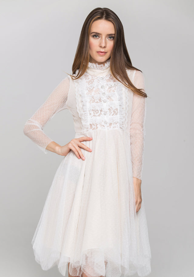 White Sheer Sleeves Lace Bib Midi Dress - ownthelooks-Development