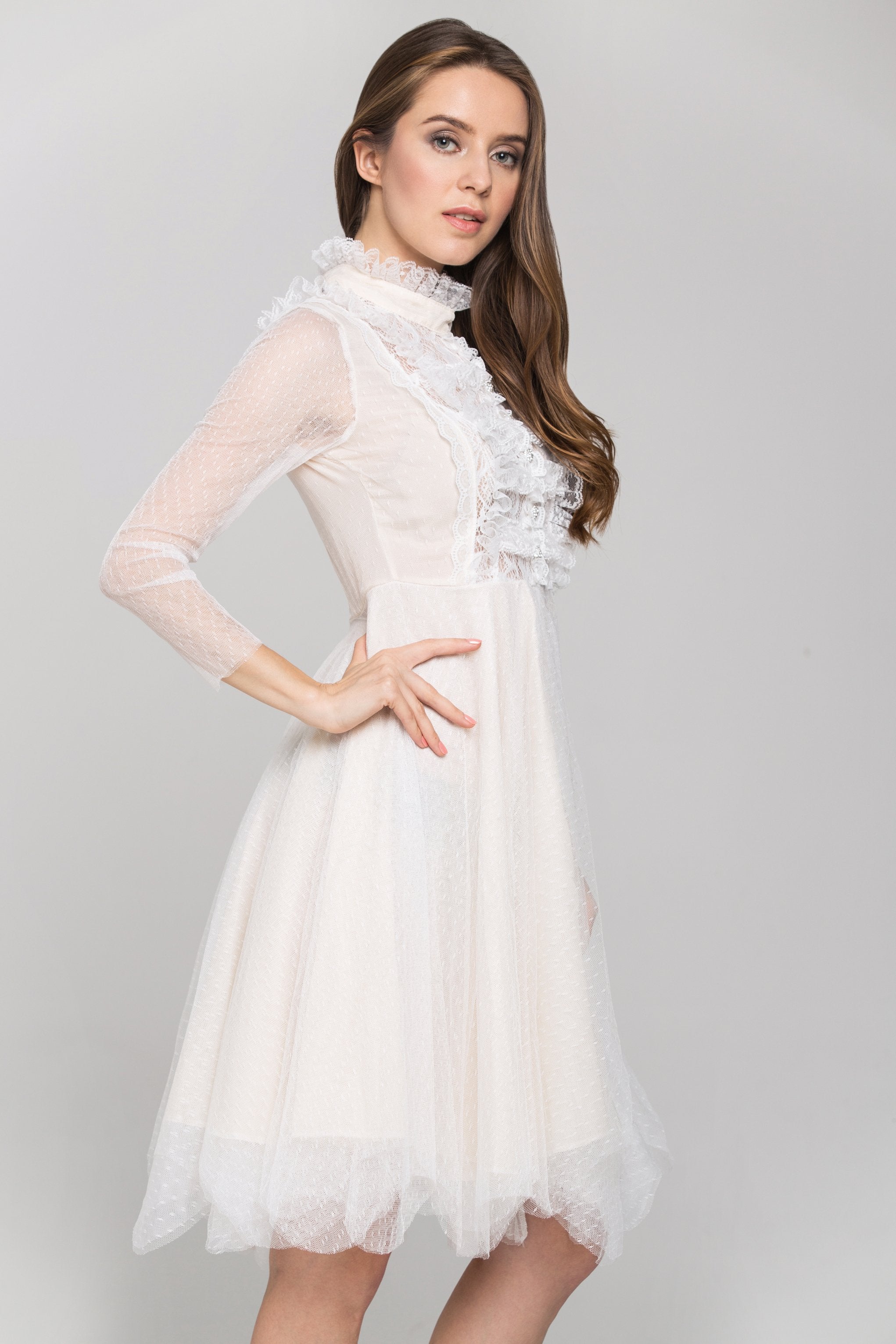 White Sheer Sleeves Lace Bib Midi Dress - ownthelooks-Development