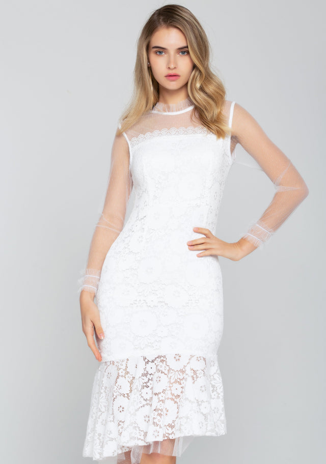 White Sheer Sleeves  Lace Detail Midi Dress - ownthelooks-Development