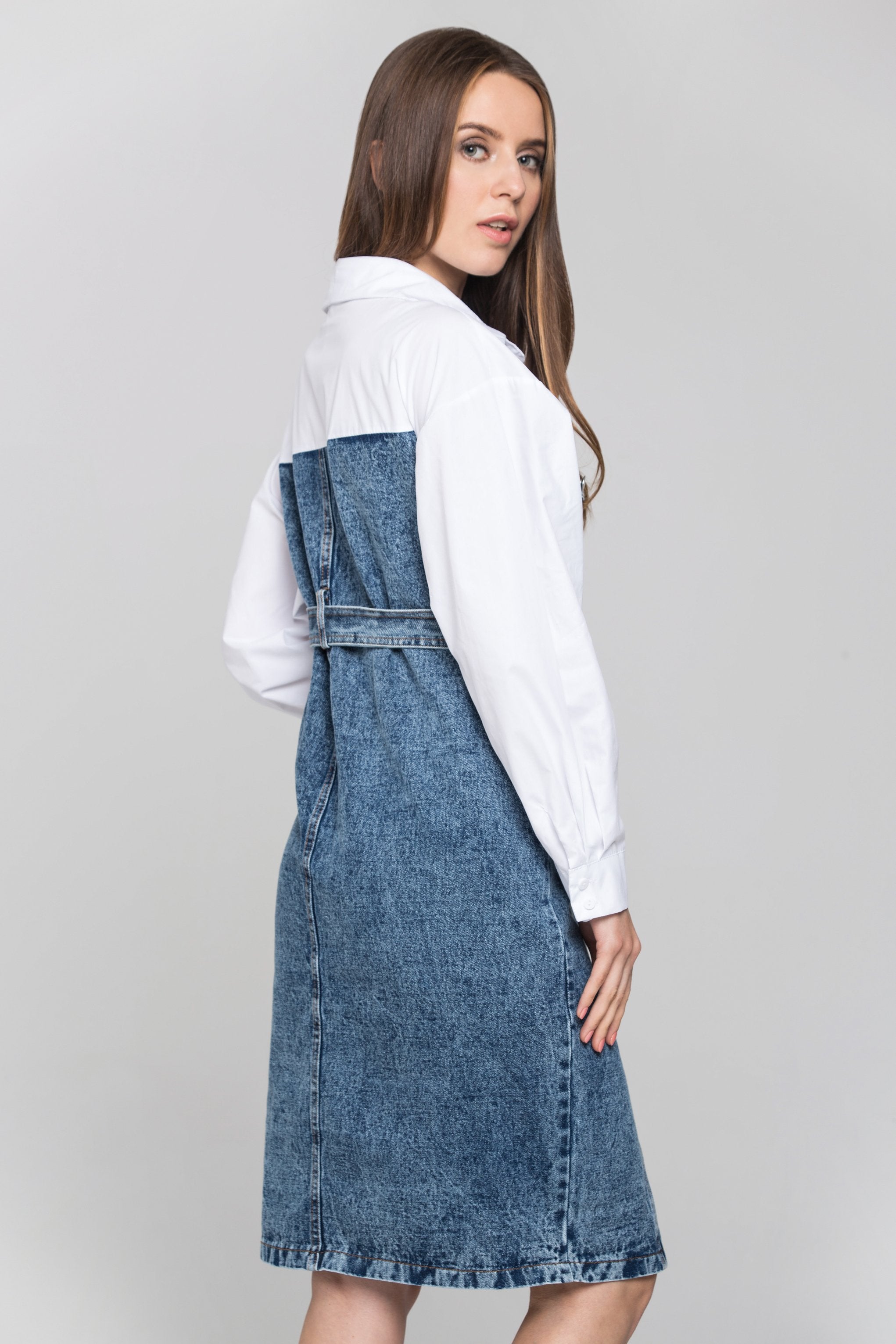 White Shirt Panel Button Up Denim Midi Dress - ownthelooks-Development