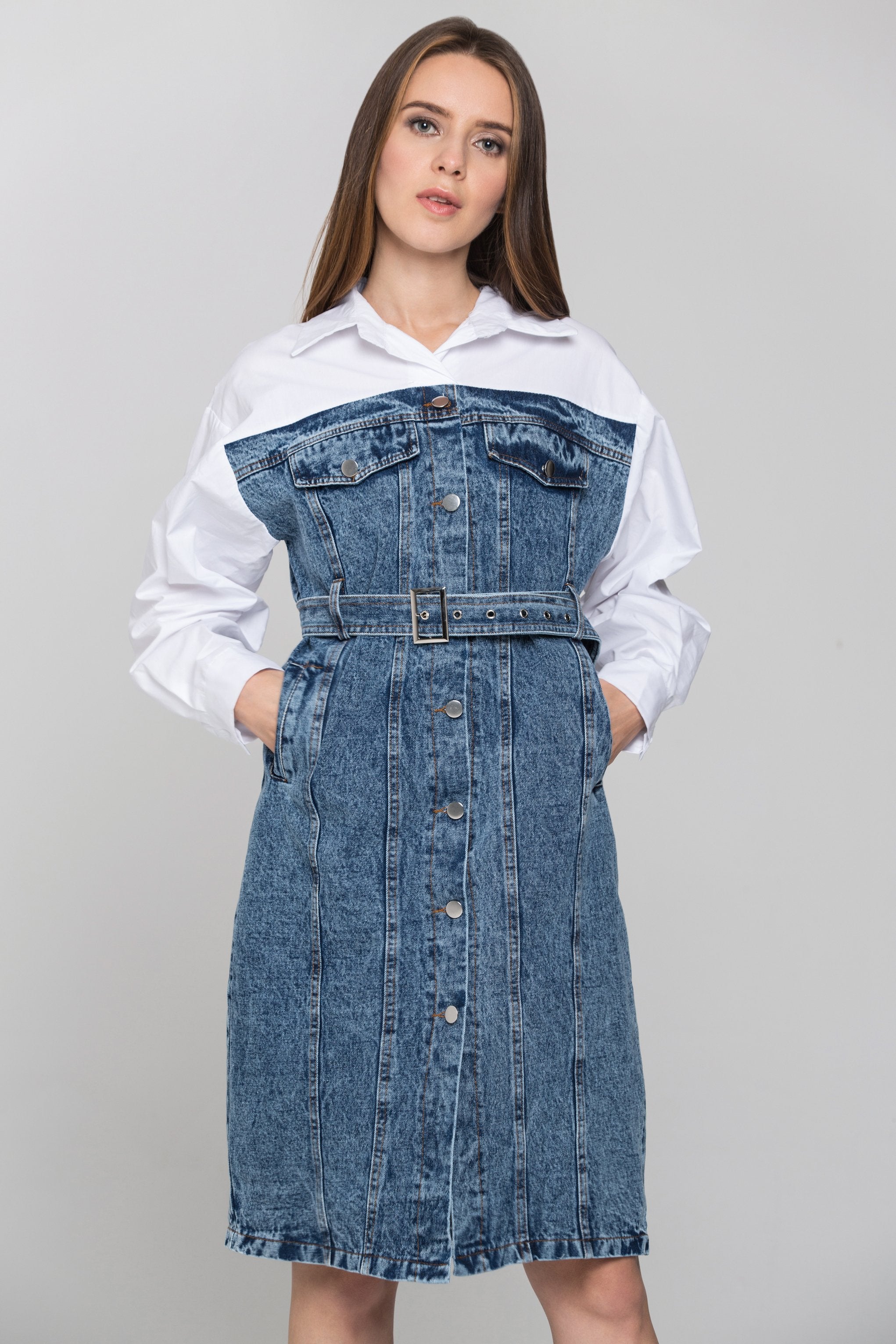 White Shirt Panel Button Up Denim Midi Dress - ownthelooks-Development