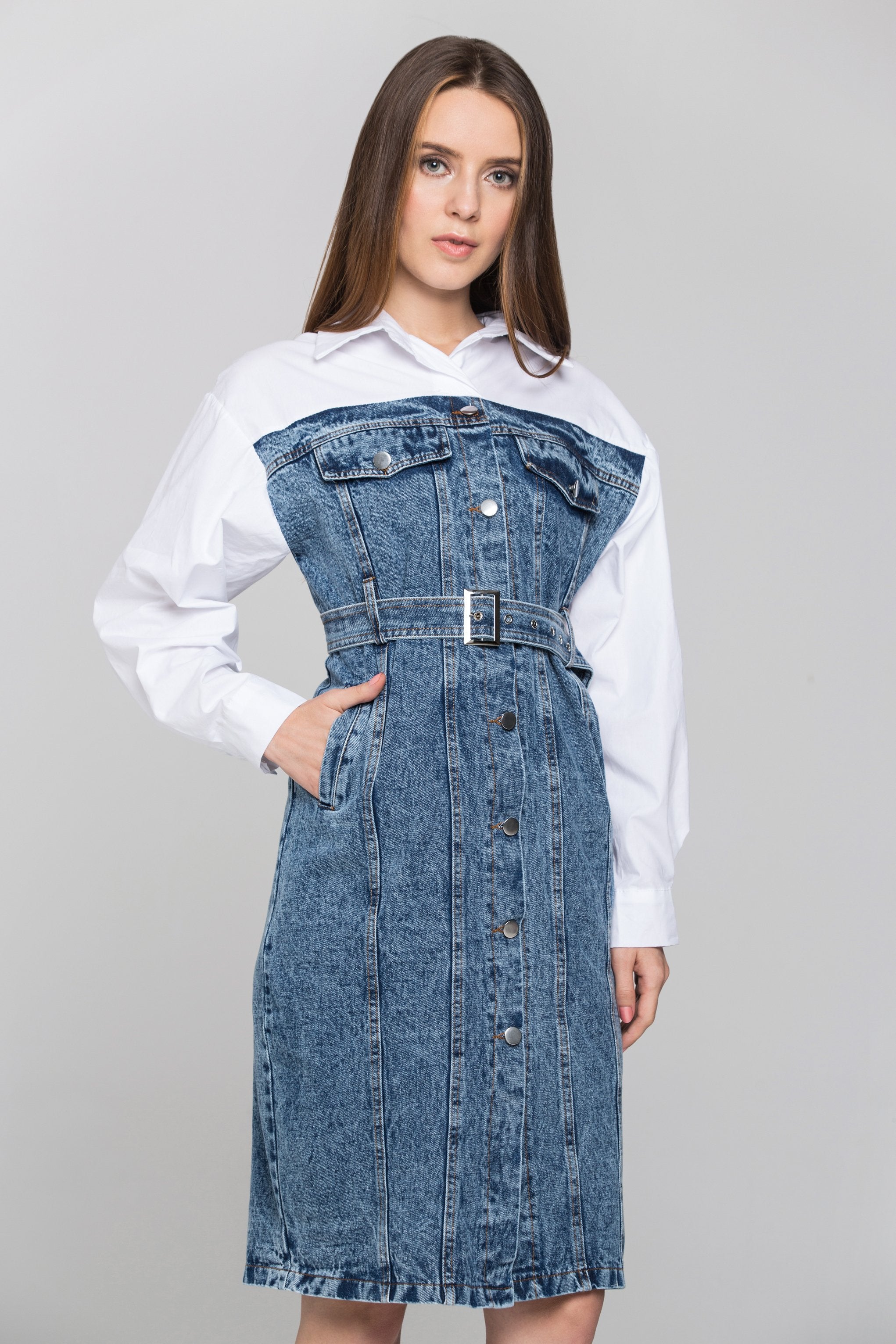 White Shirt Panel Button Up Denim Midi Dress - ownthelooks-Development