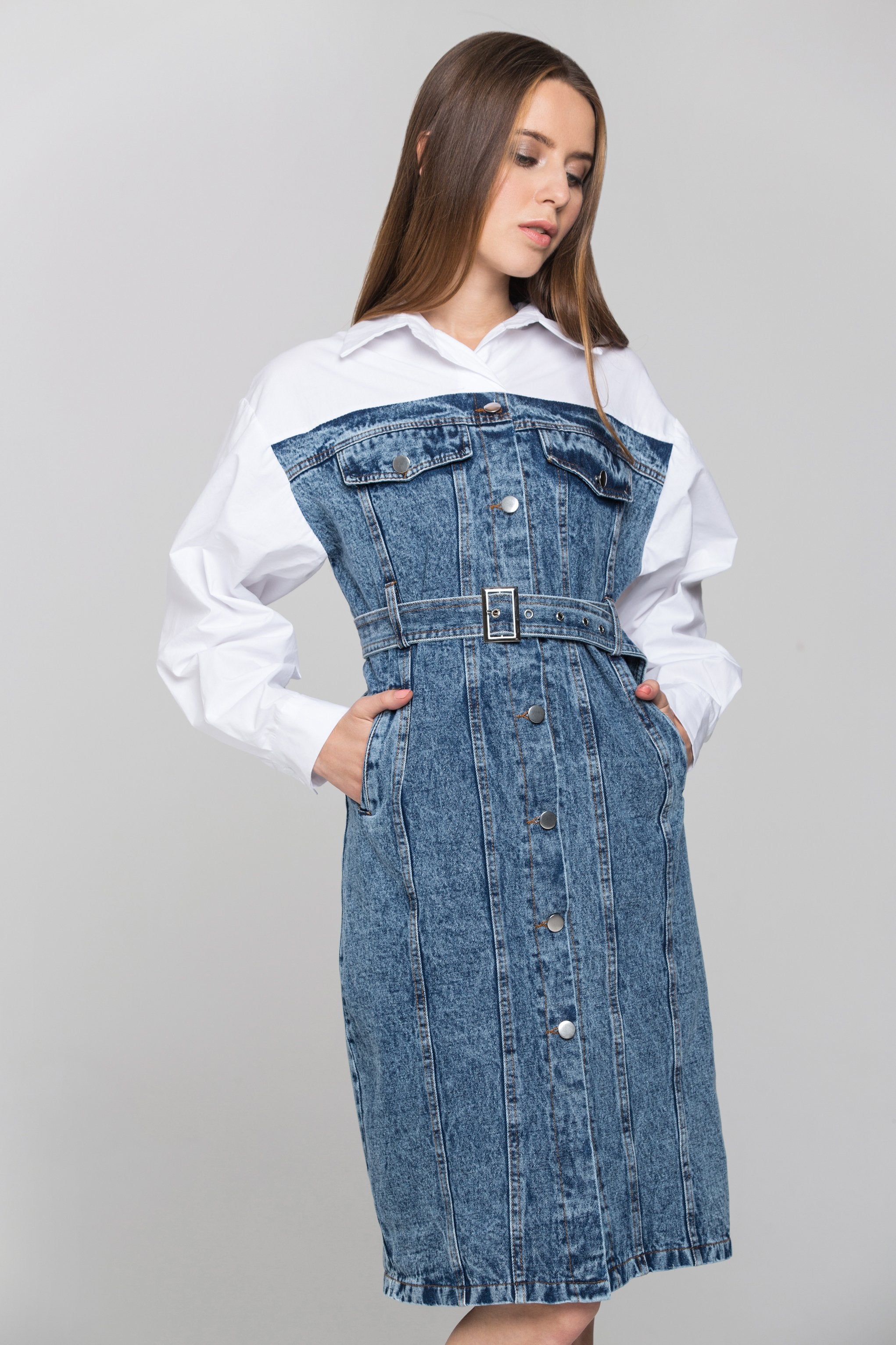 White Shirt Panel Button Up Denim Midi Dress - ownthelooks-Development