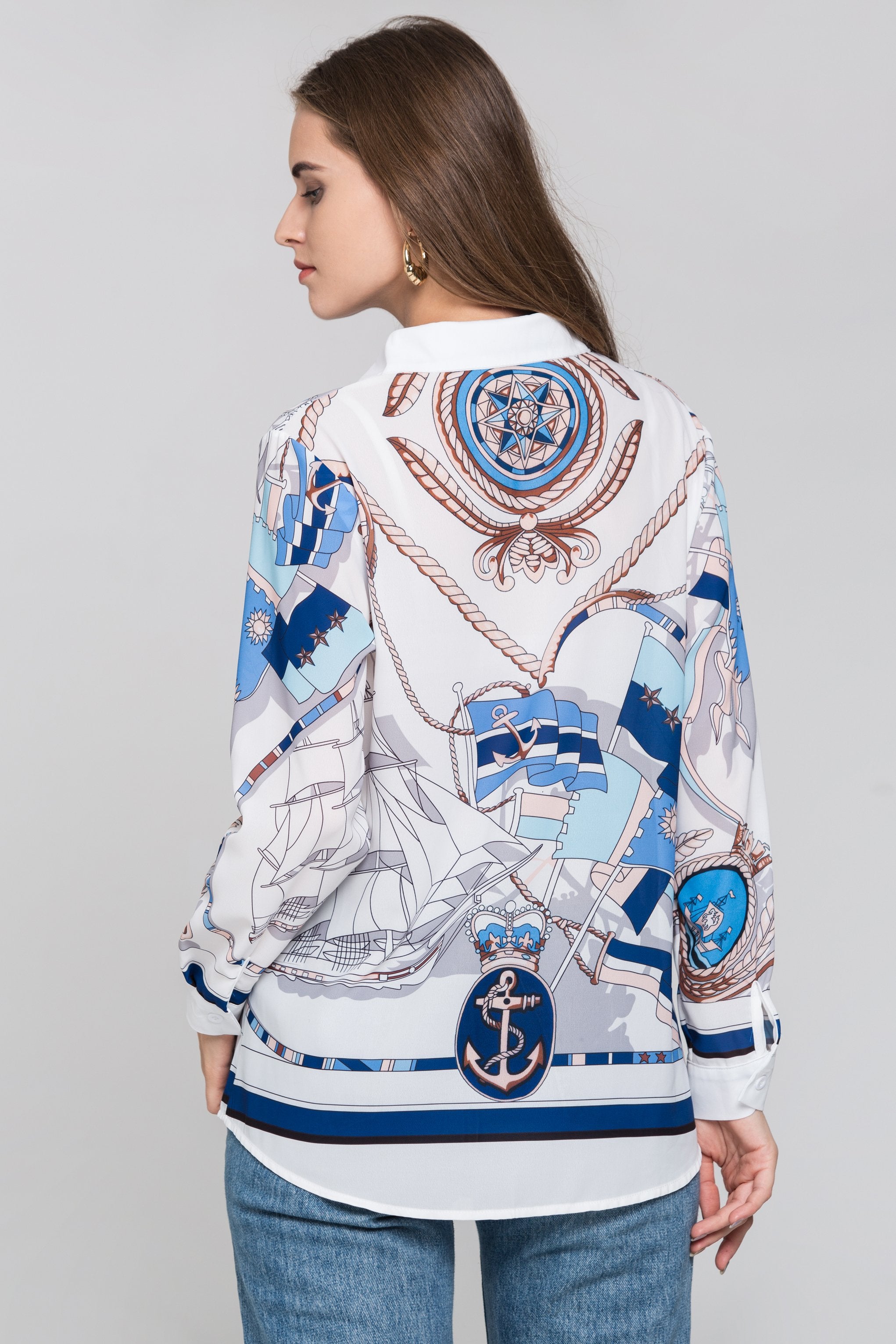White Silk Scarf Nautical Print Top - ownthelooks-Development