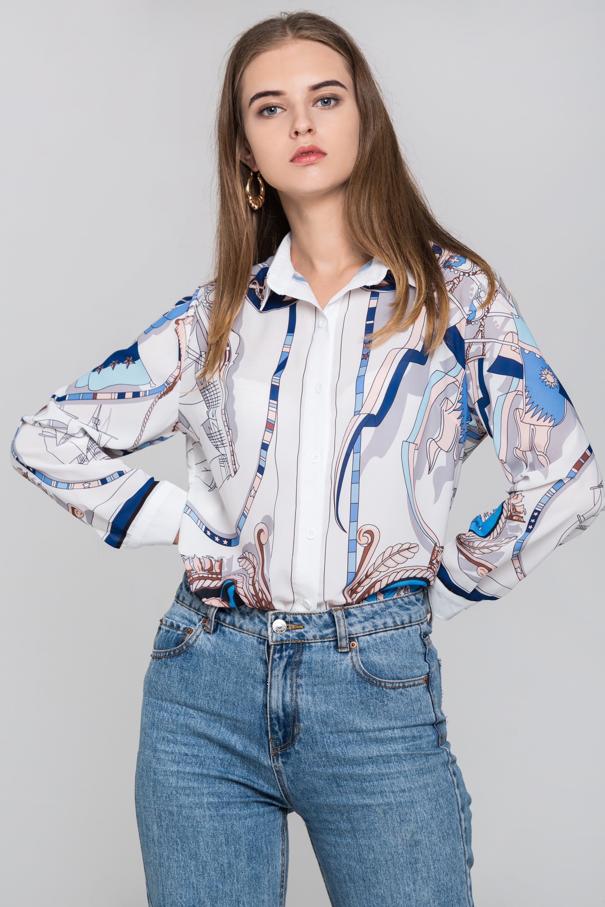 White Silk Scarf Nautical Print Top - ownthelooks-Development