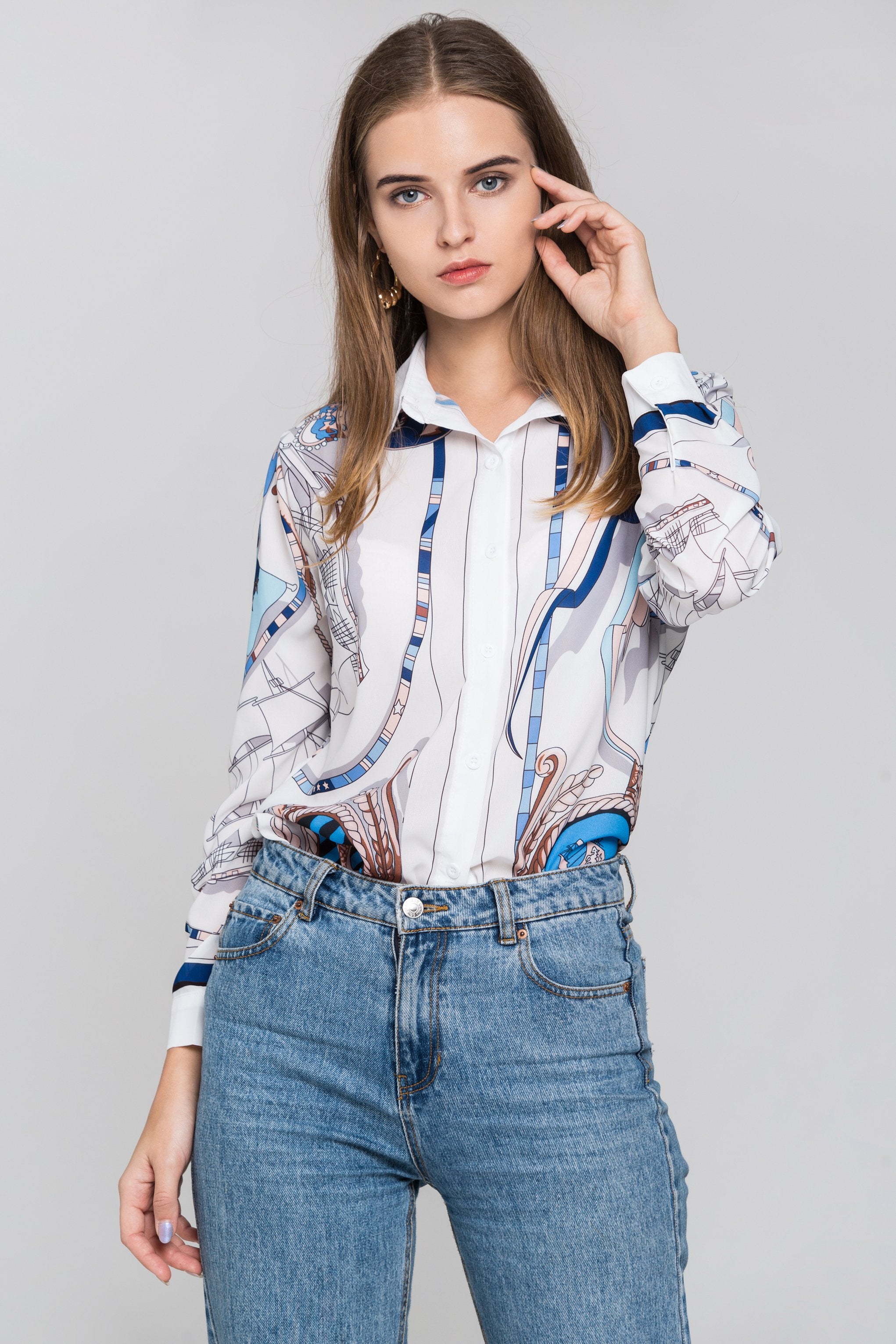 White Silk Scarf Nautical Print Top - ownthelooks-Development