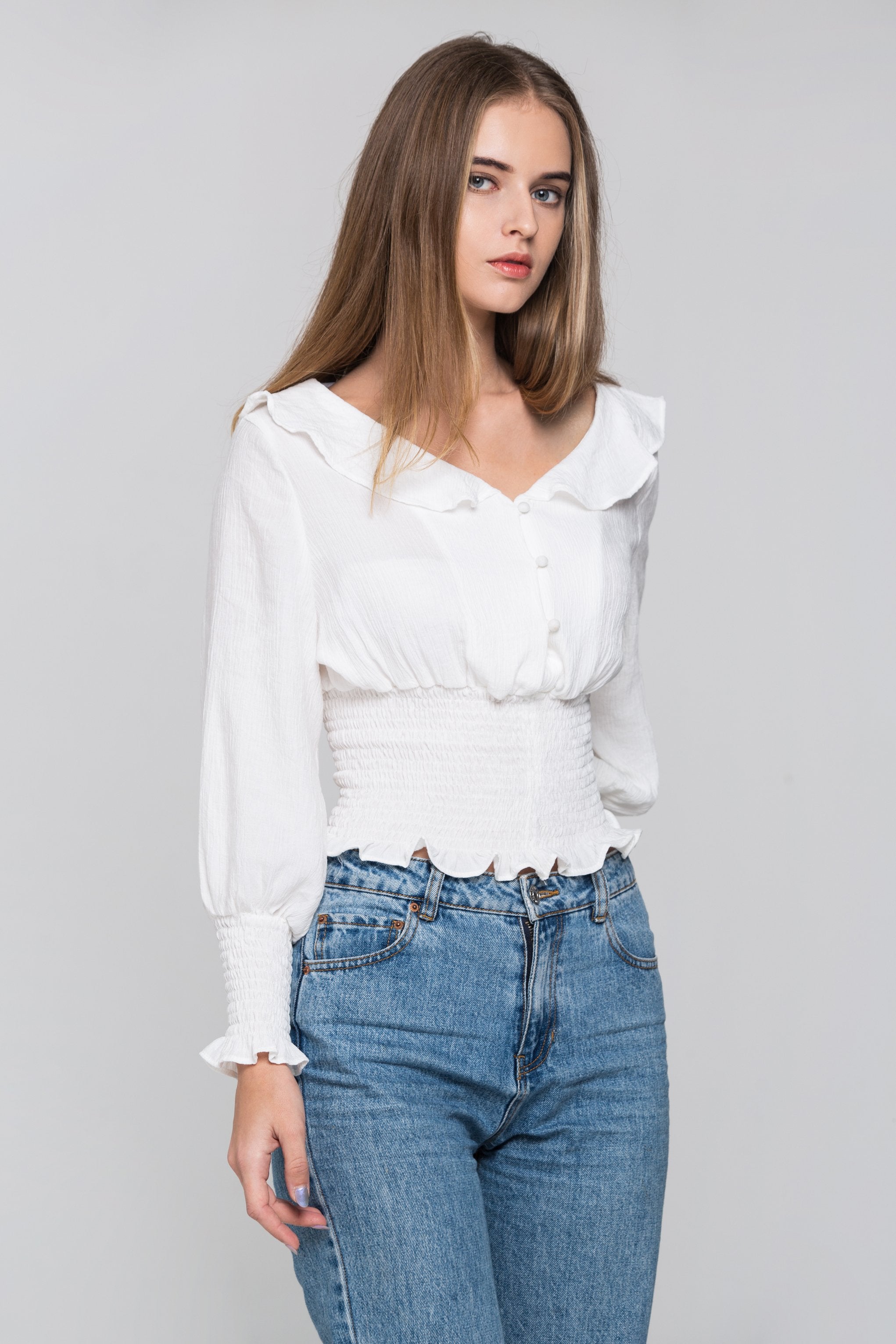 White Smocked Waist Ruffle Collar Blouson Top - ownthelooks-Development