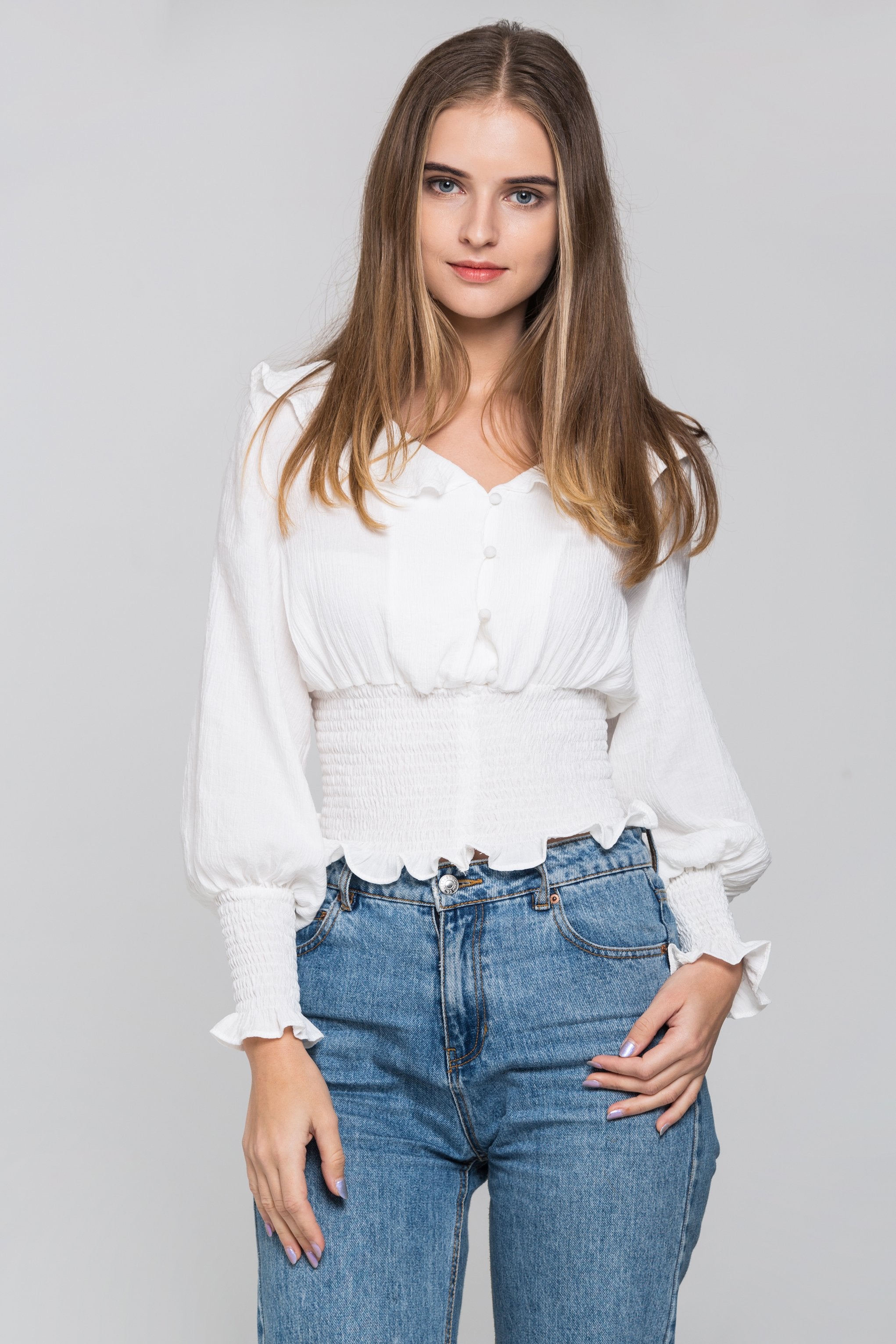 White Smocked Waist Ruffle Collar Blouson Top - ownthelooks-Development
