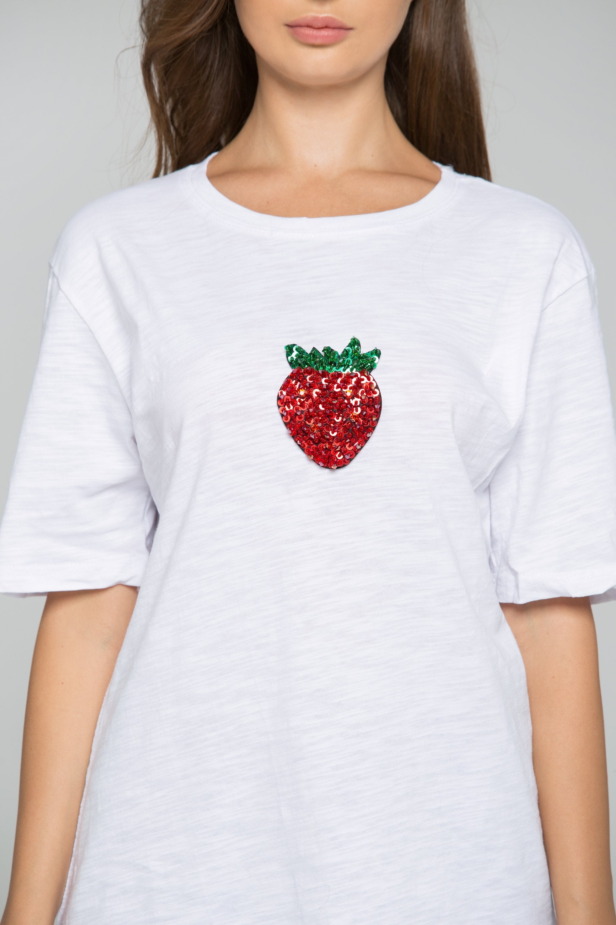 White Strawberry Sequin Short Sleeve Casual Tee - ownthelooks-Development