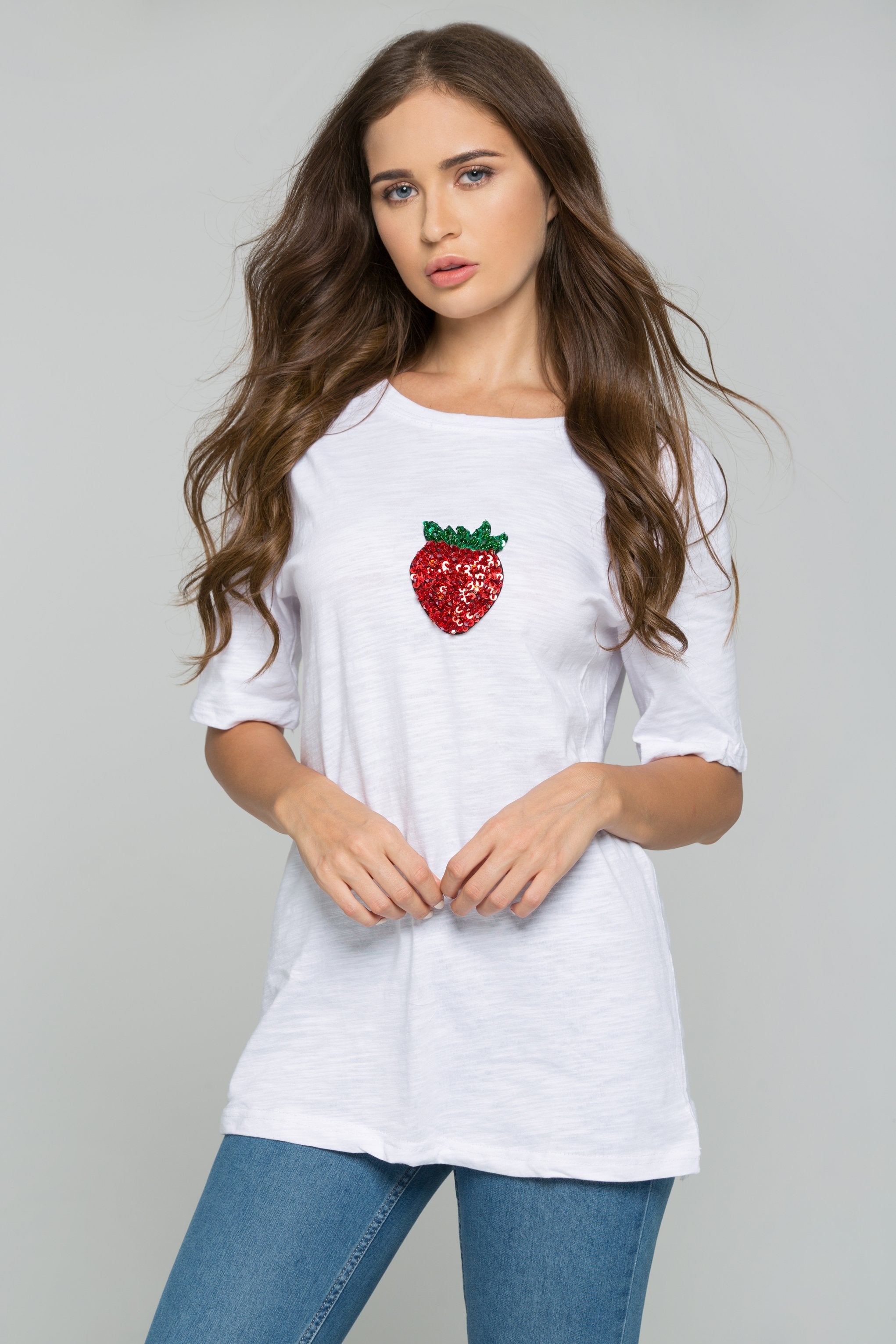 White Strawberry Sequin Short Sleeve Casual Tee - ownthelooks-Development