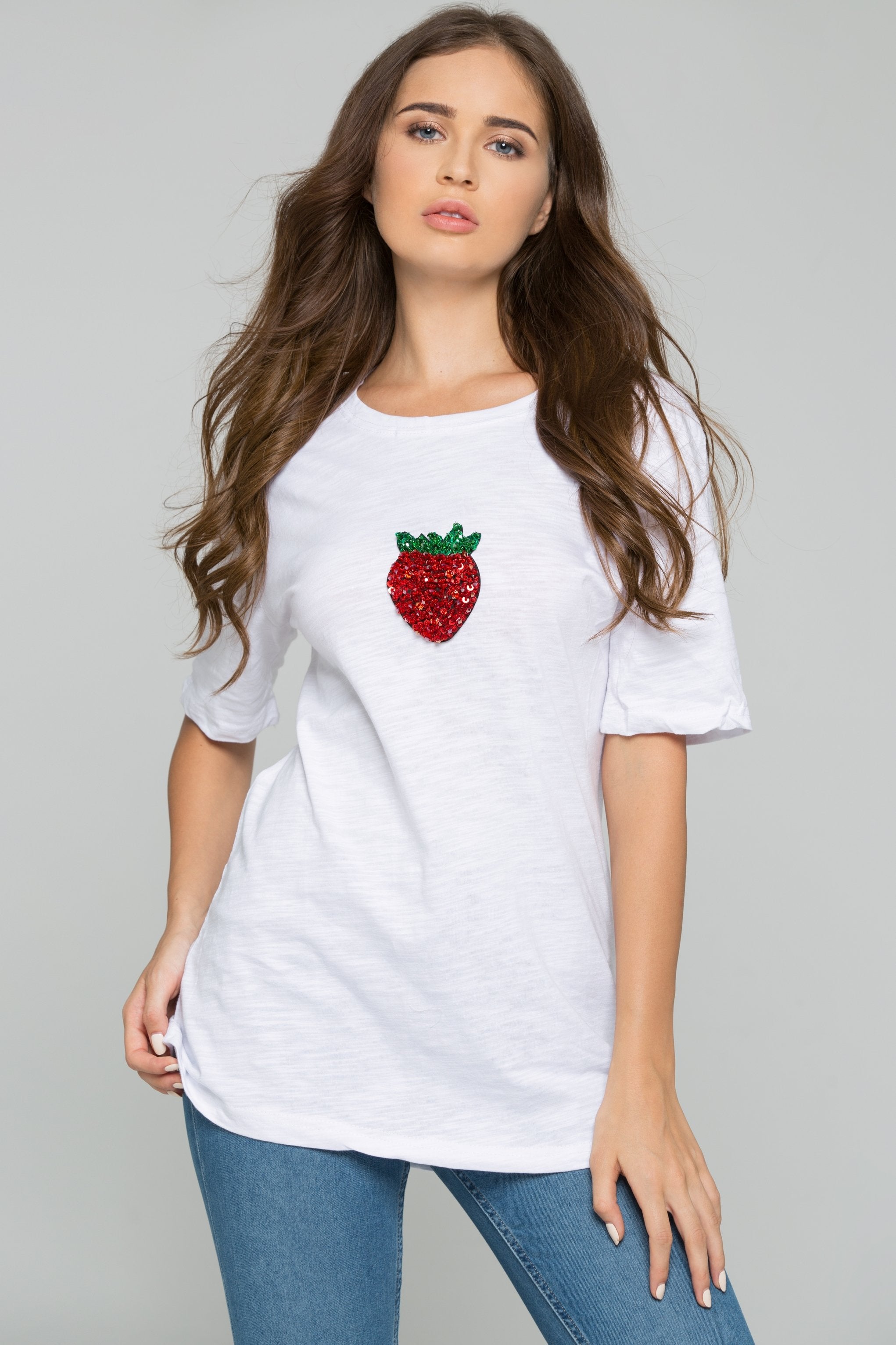 White Strawberry Sequin Short Sleeve Casual Tee - ownthelooks-Development