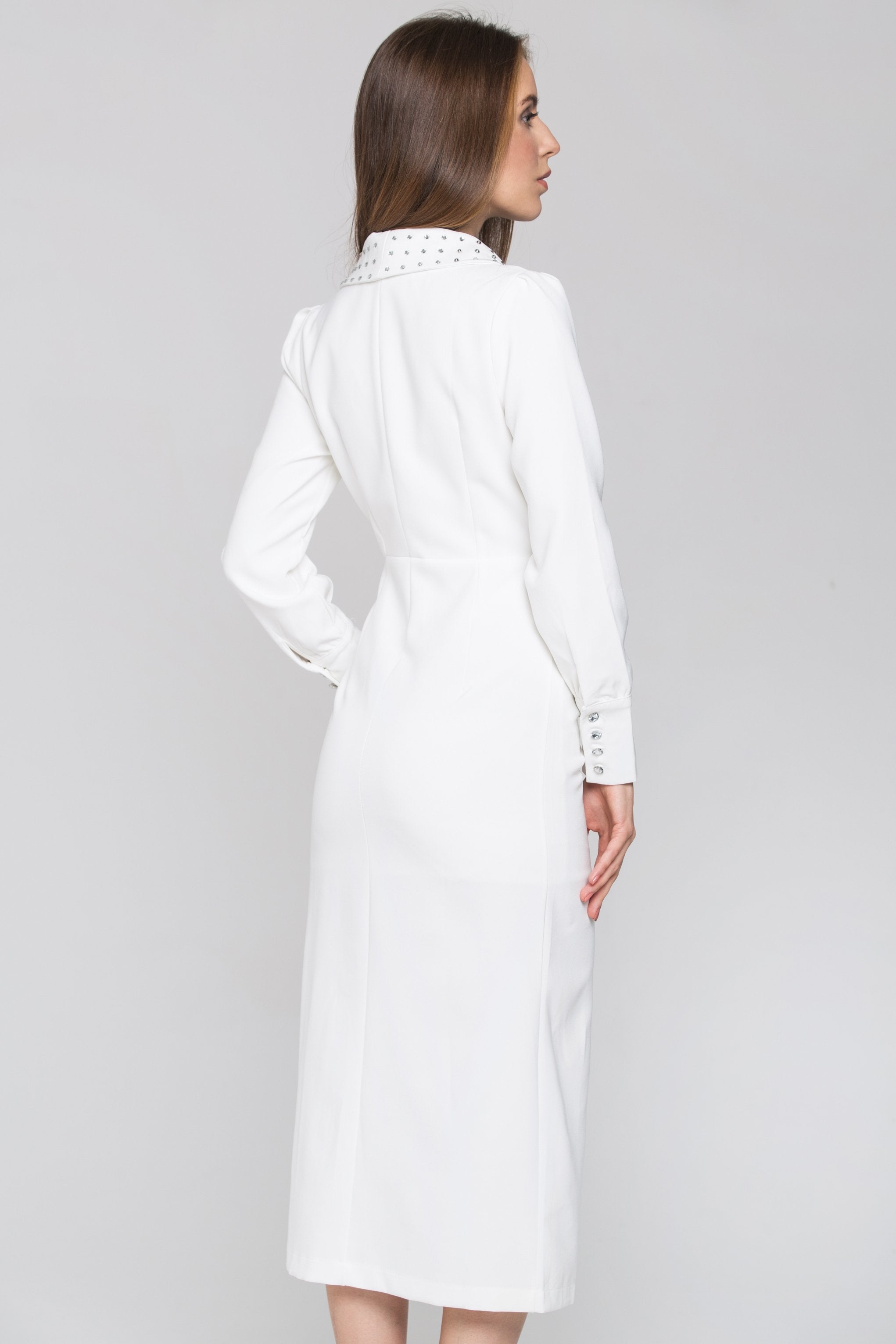 White Studded Collar Side Button Midi Dress - ownthelooks-Development