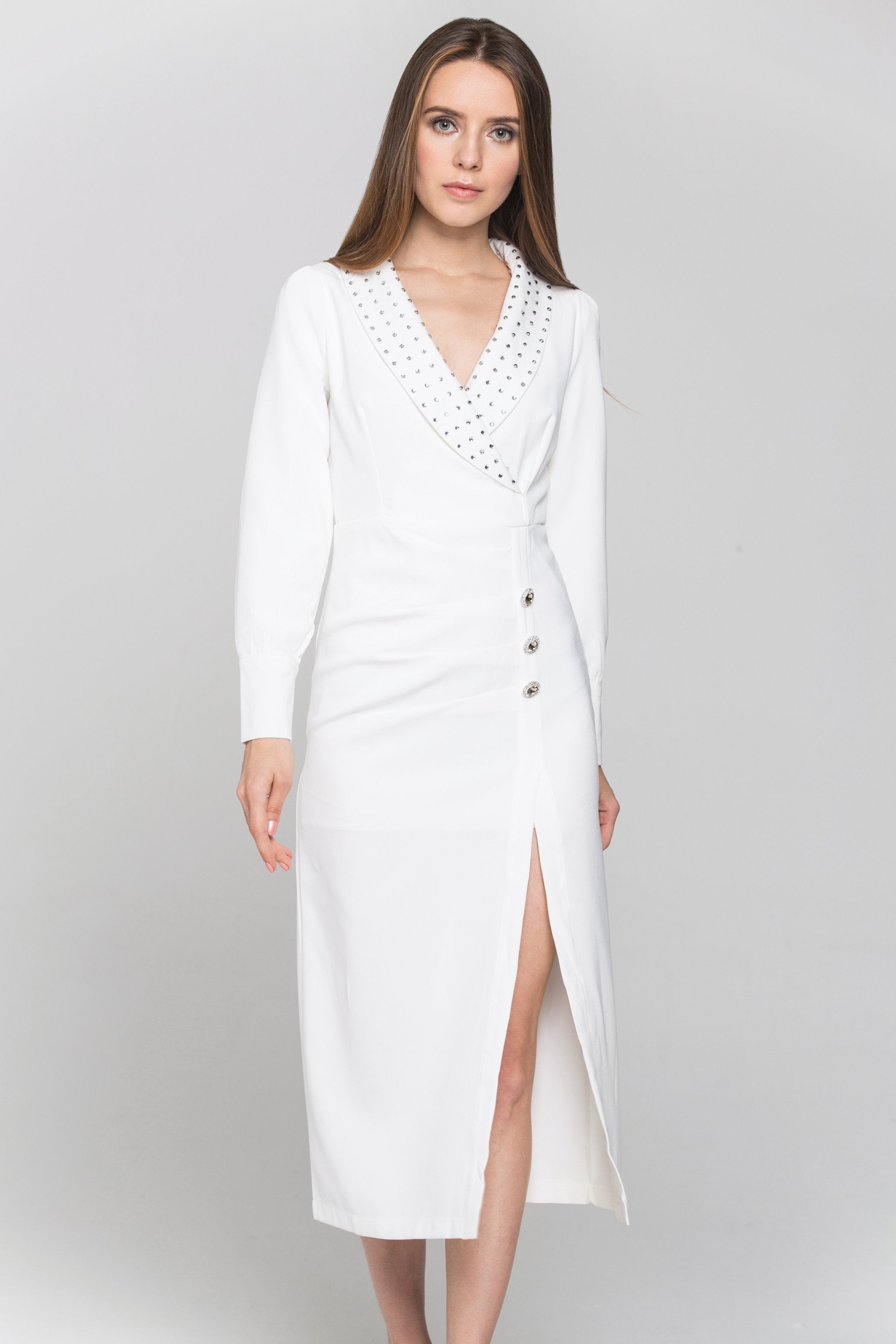 White Studded Collar Side Button Midi Dress - ownthelooks-Development