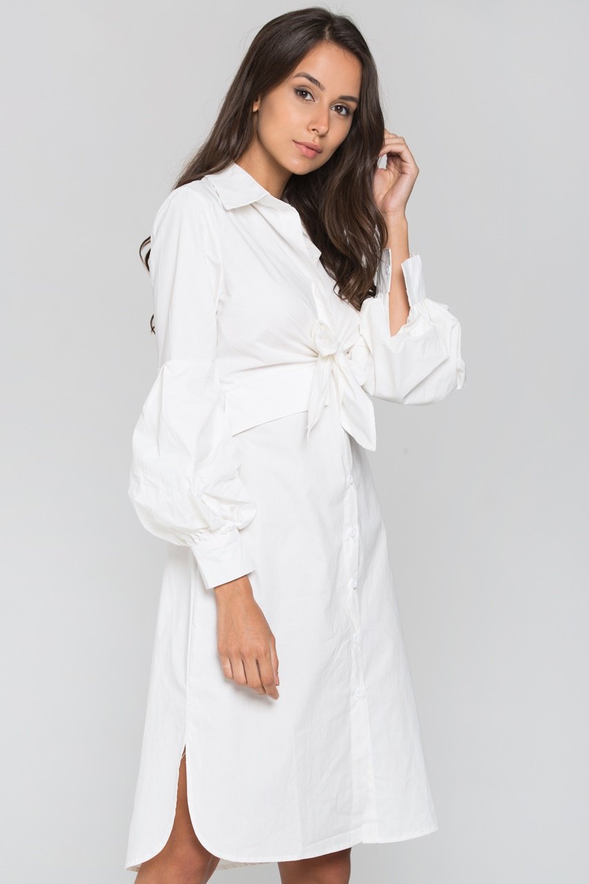 White Tie Front Shirt Midi Dress - ownthelooks-Development