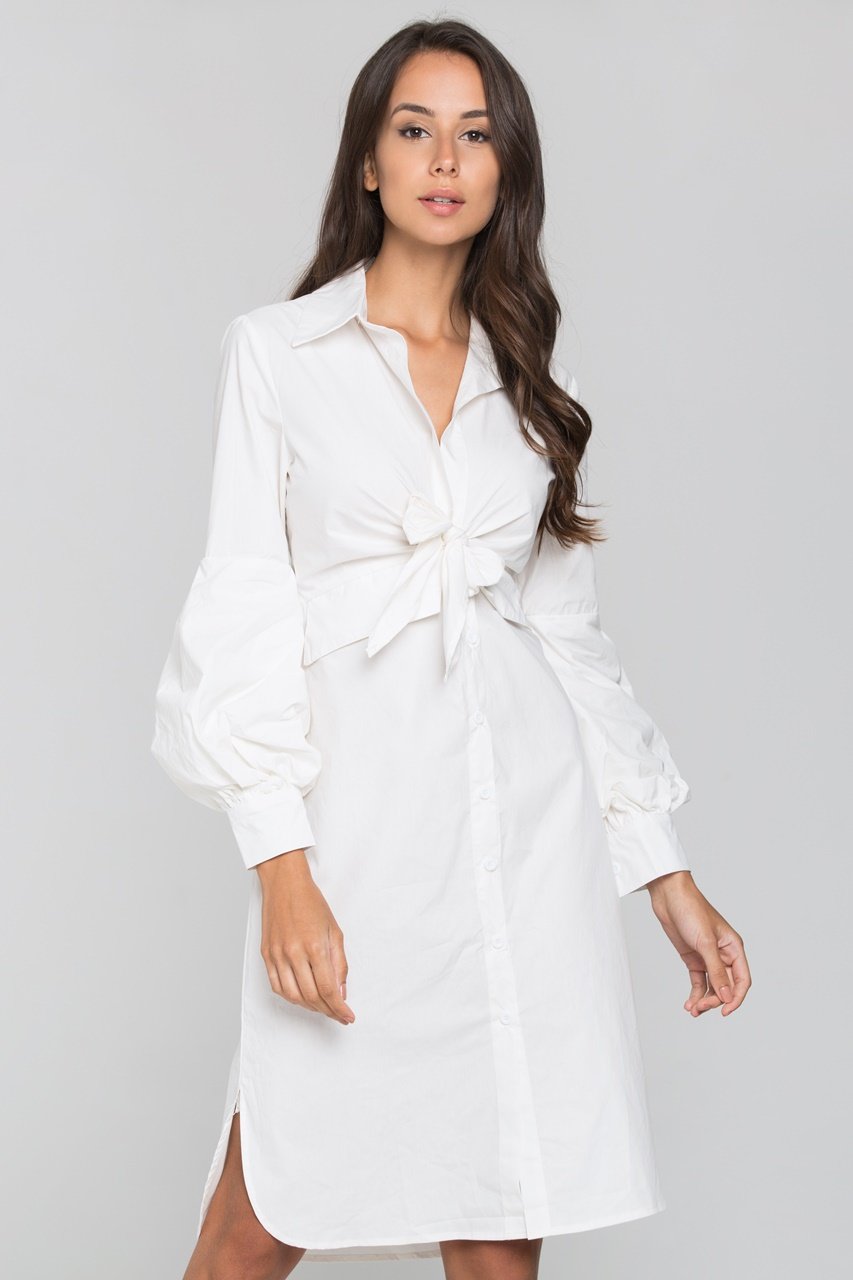 White Tie Front Shirt Midi Dress - ownthelooks-Development