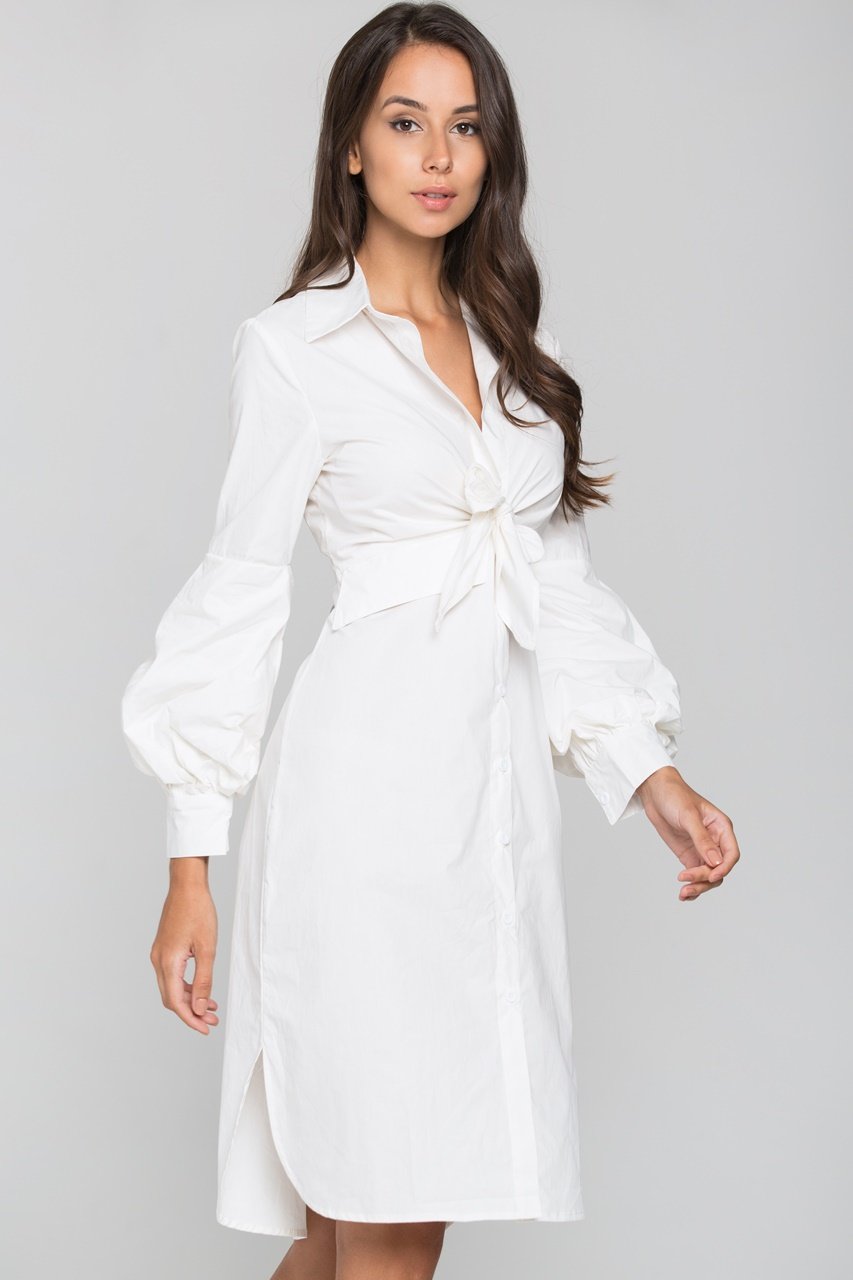 White Tie Front Shirt Midi Dress - ownthelooks-Development