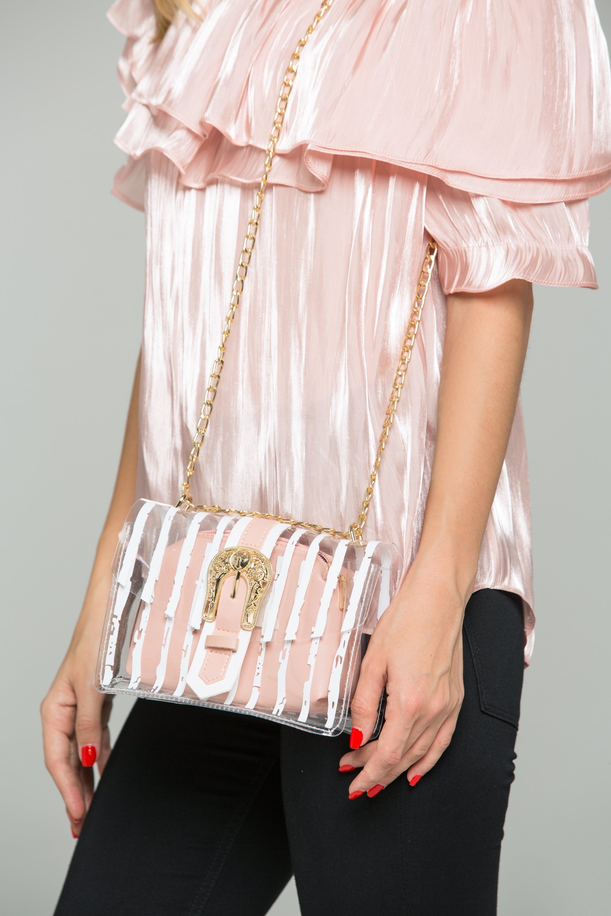 White Transparent Plastic Stripe Print Baguette Shoulder Bag - ownthelooks-Development