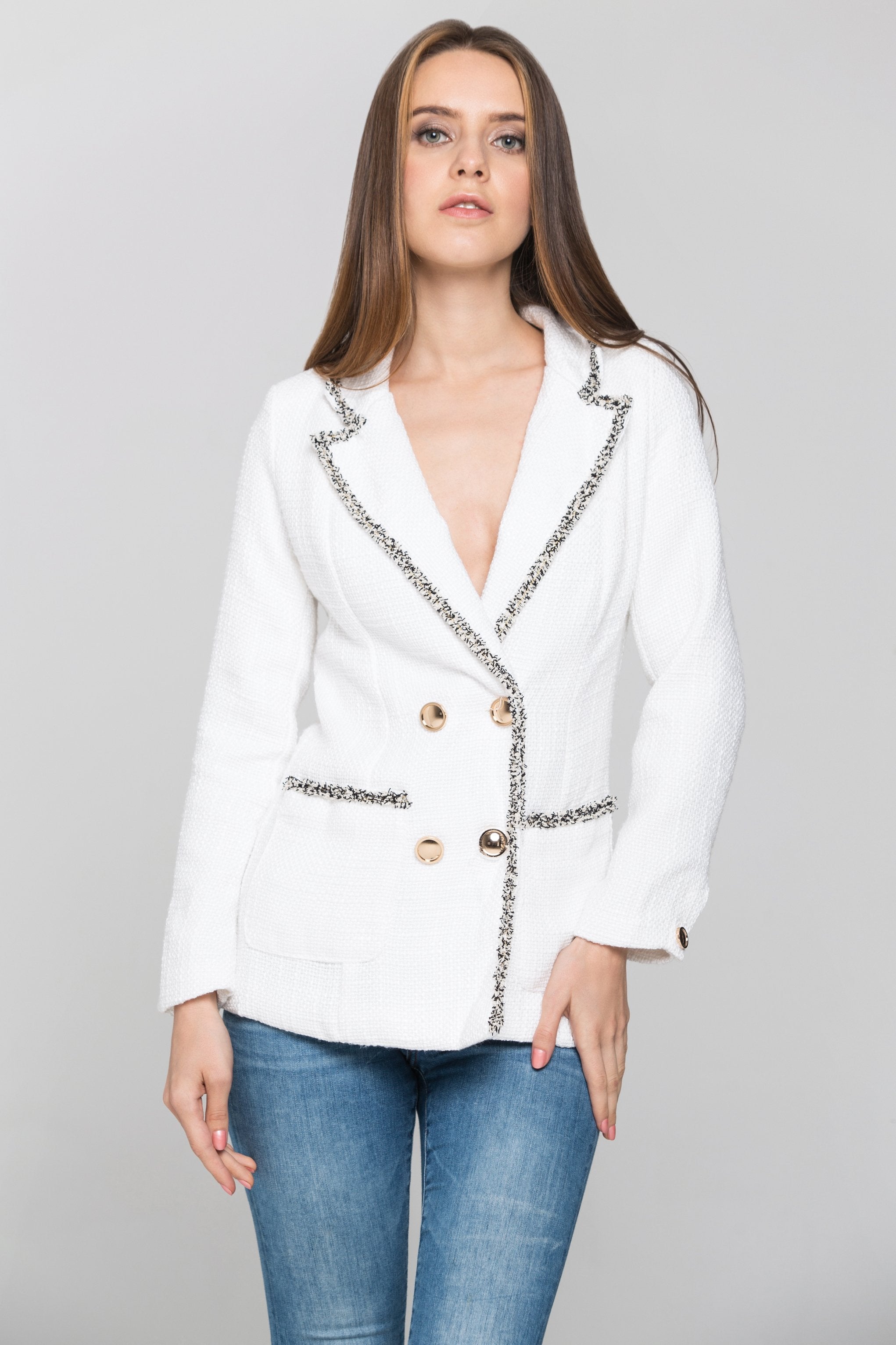 White Tweed Frilled Trim Blazer - ownthelooks-Development