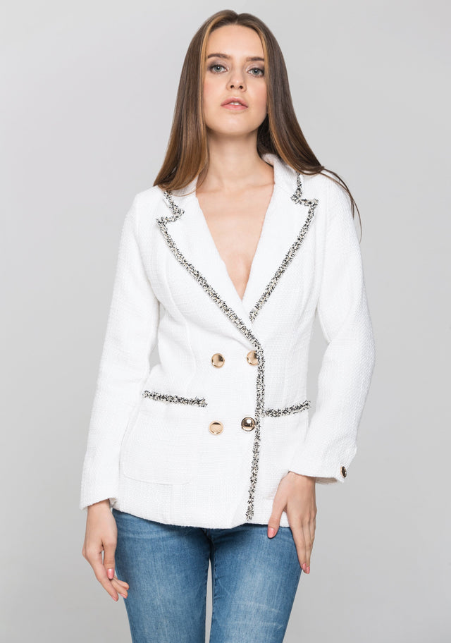 White Tweed Frilled Trim Blazer - ownthelooks-Development