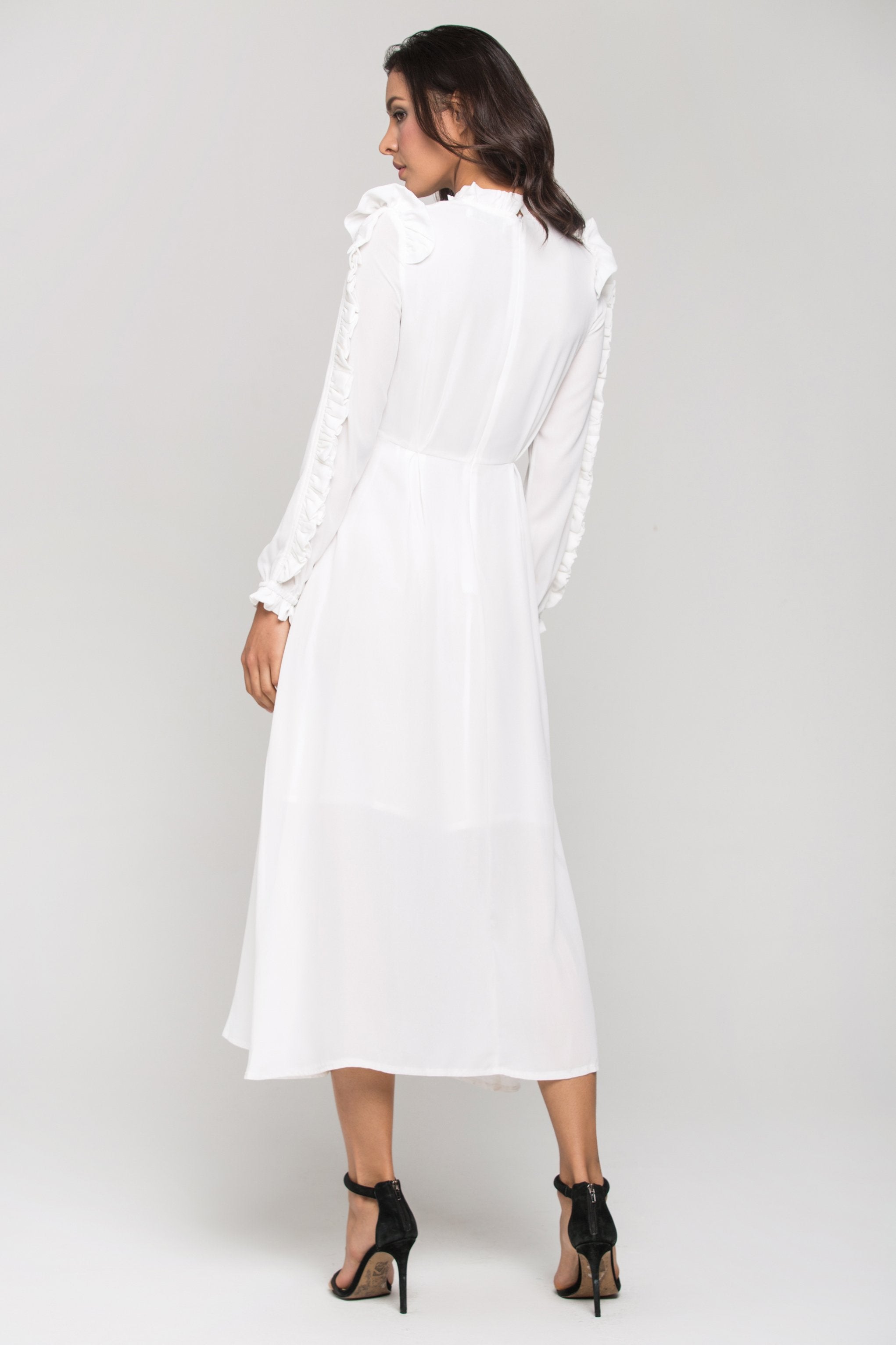 White vintage Ruffle neck Long Sleeves Midi Dress - ownthelooks-Development