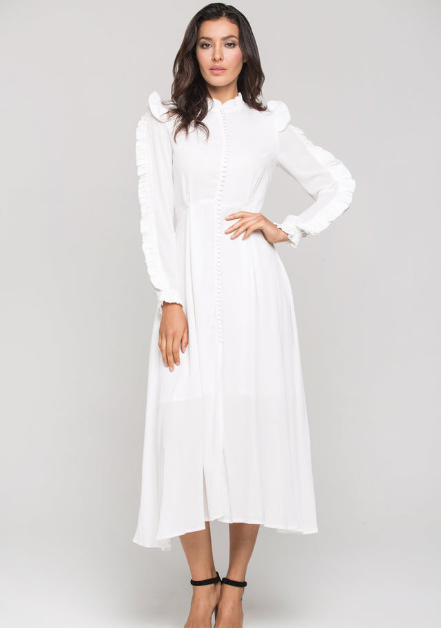 White vintage Ruffle neck Long Sleeves Midi Dress - ownthelooks-Development