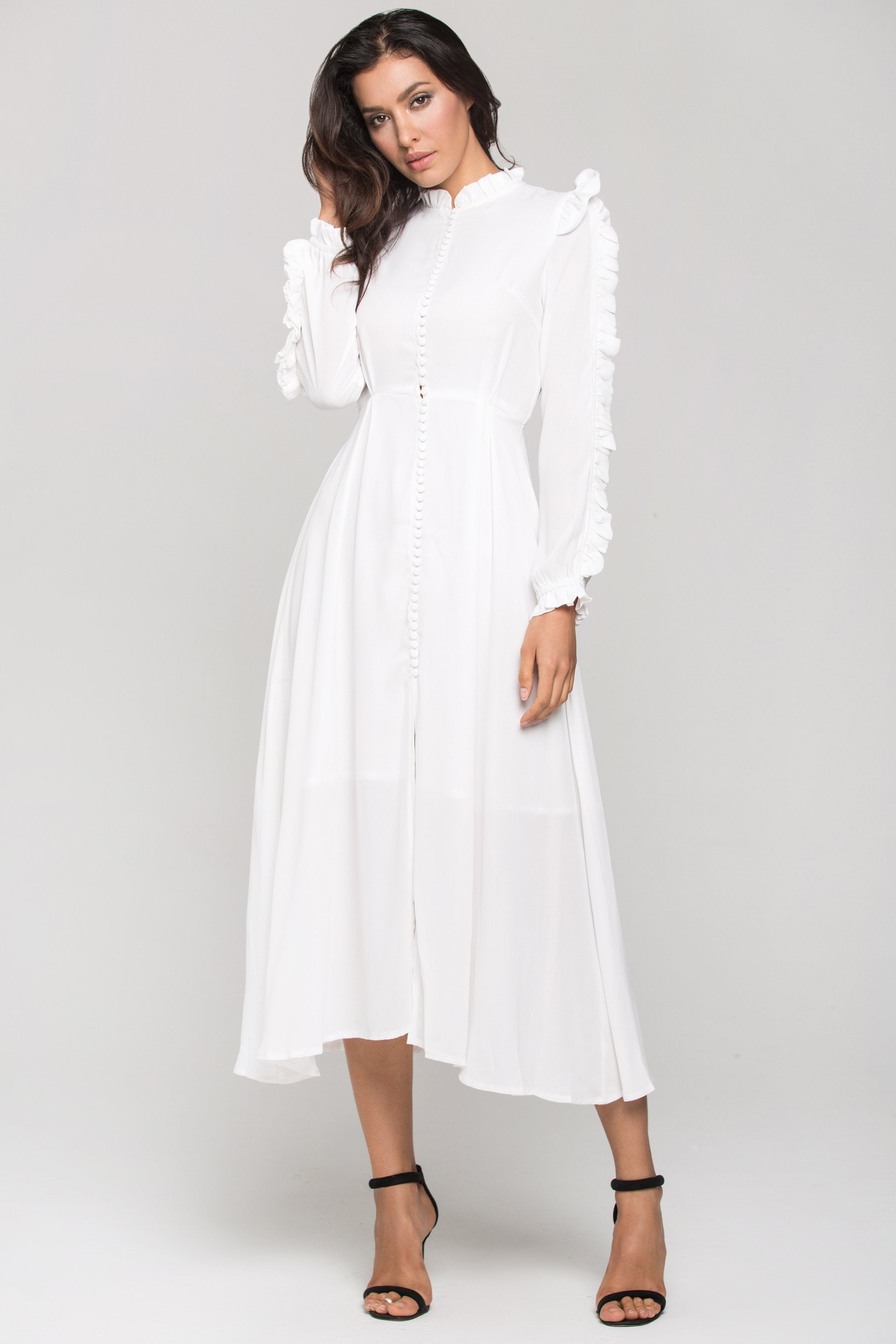 White vintage Ruffle neck Long Sleeves Midi Dress - ownthelooks-Development