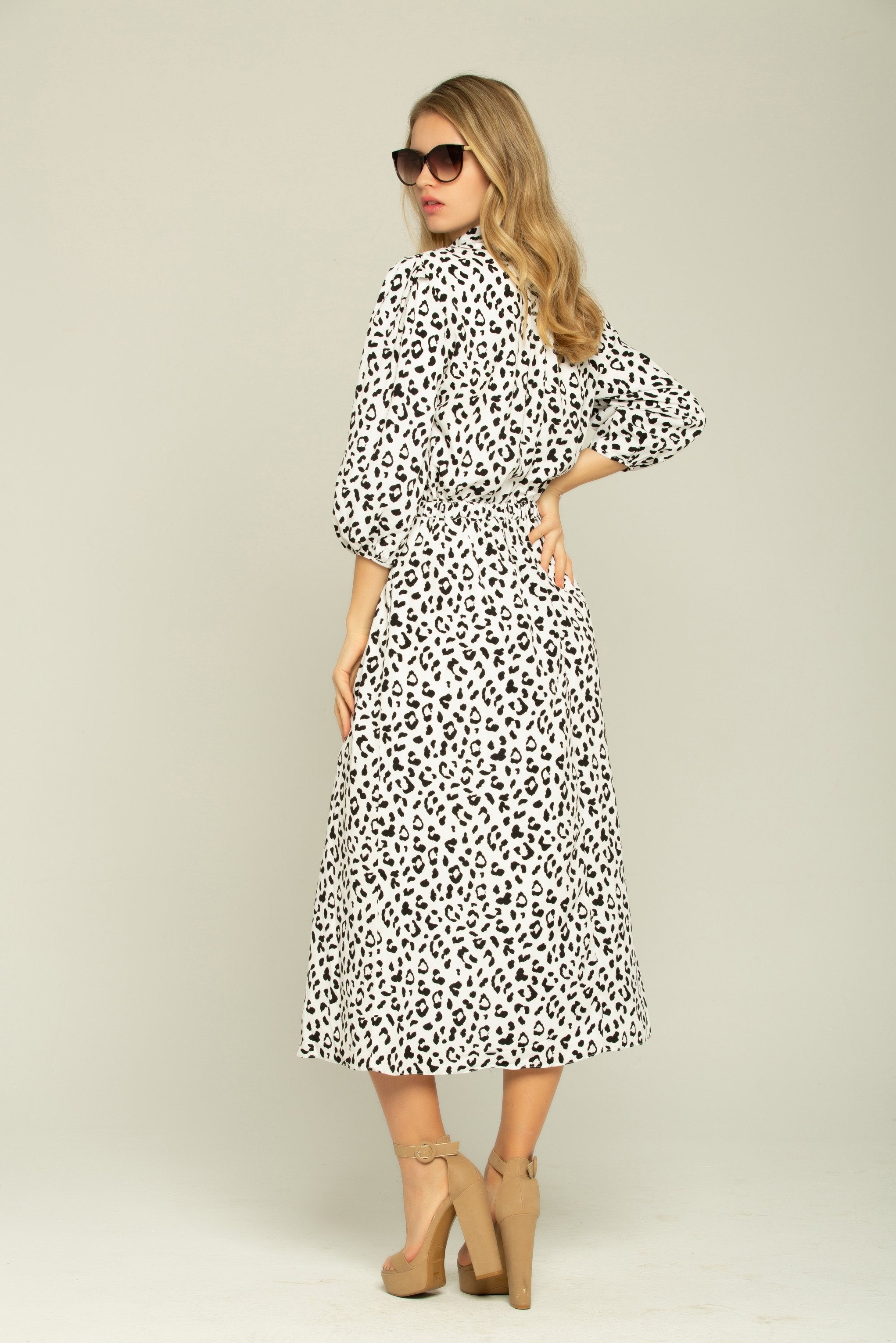 White and Black Cheetah Print Full Sleeves Dress - ownthelooks-Development
