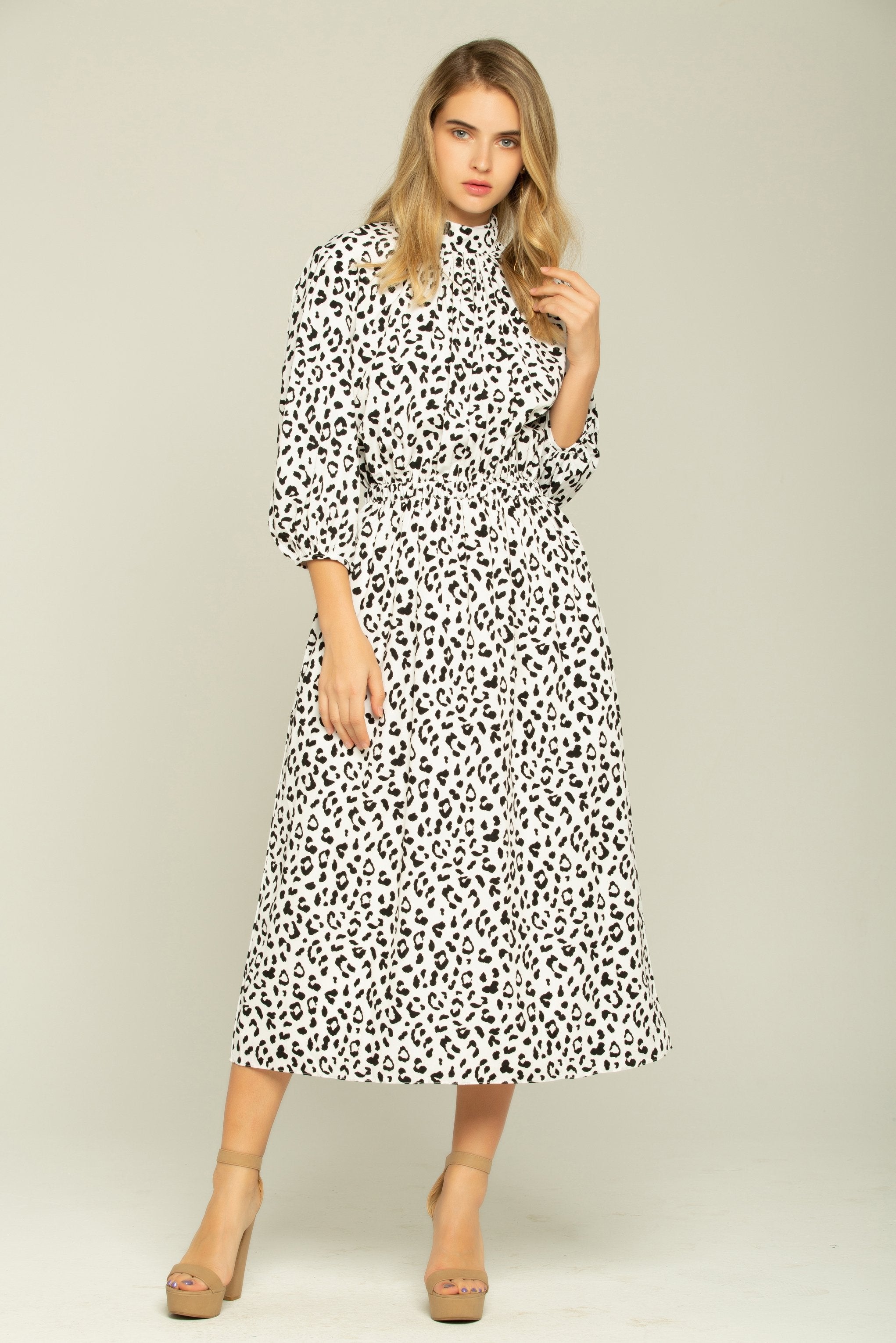 White and Black Cheetah Print Full Sleeves Dress - ownthelooks-Development