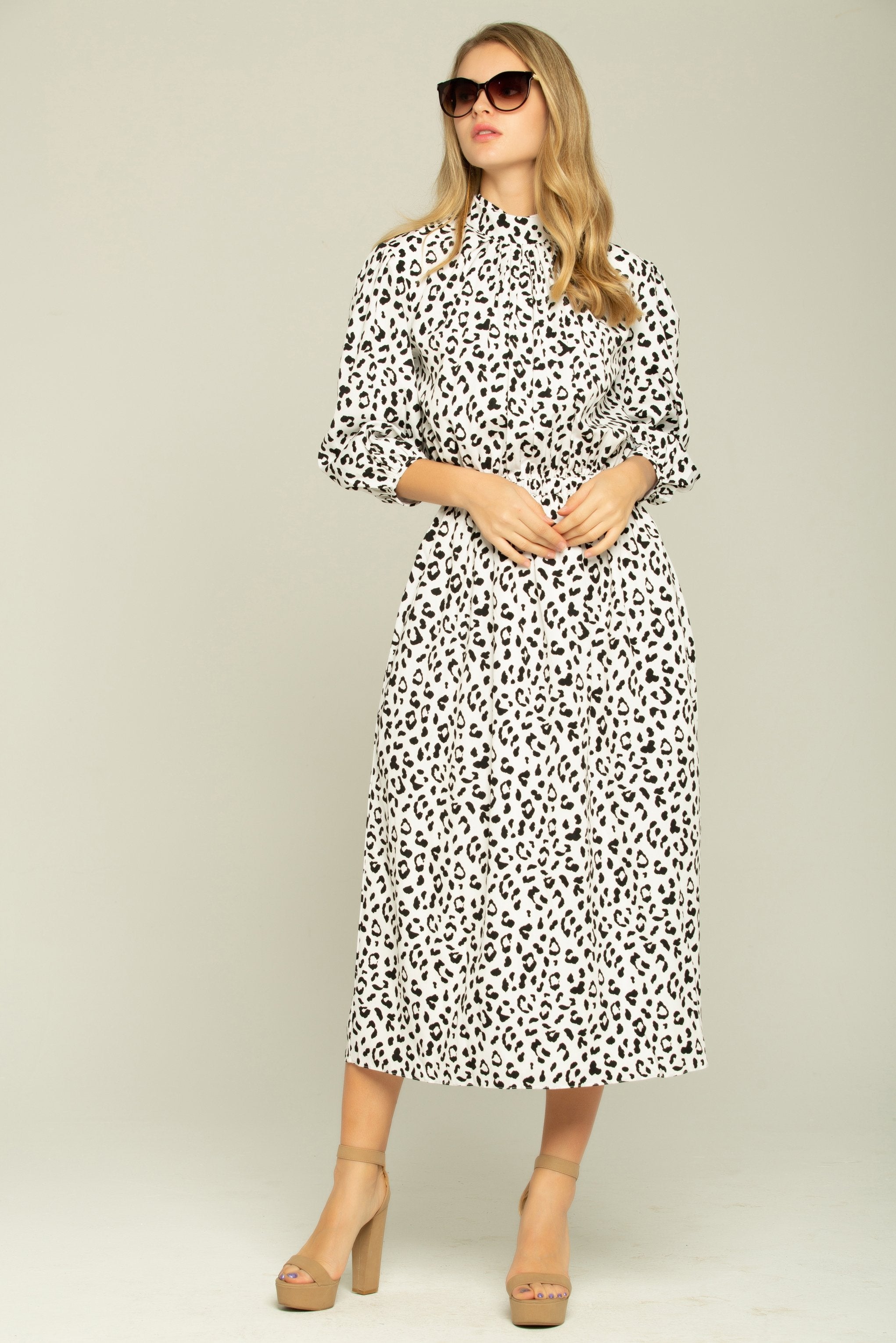 White and Black Cheetah Print Full Sleeves Dress - ownthelooks-Development