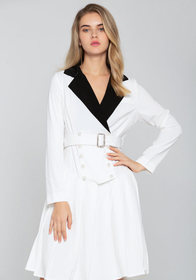 White and Black Collar Pearl Button-detail Blazer Dress - ownthelooks-Development