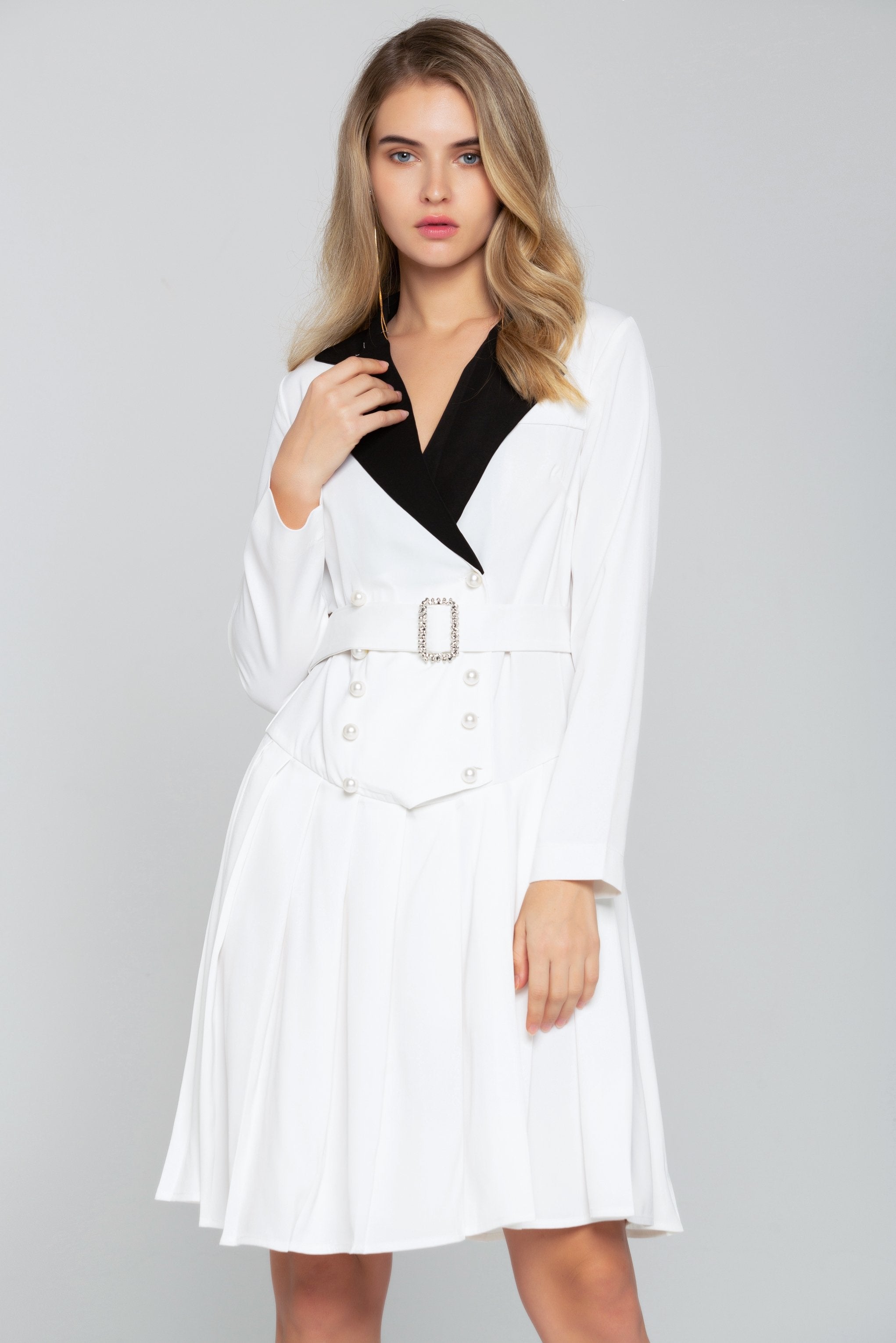 White and Black Collar Pearl Button-detail Blazer Dress - ownthelooks-Development