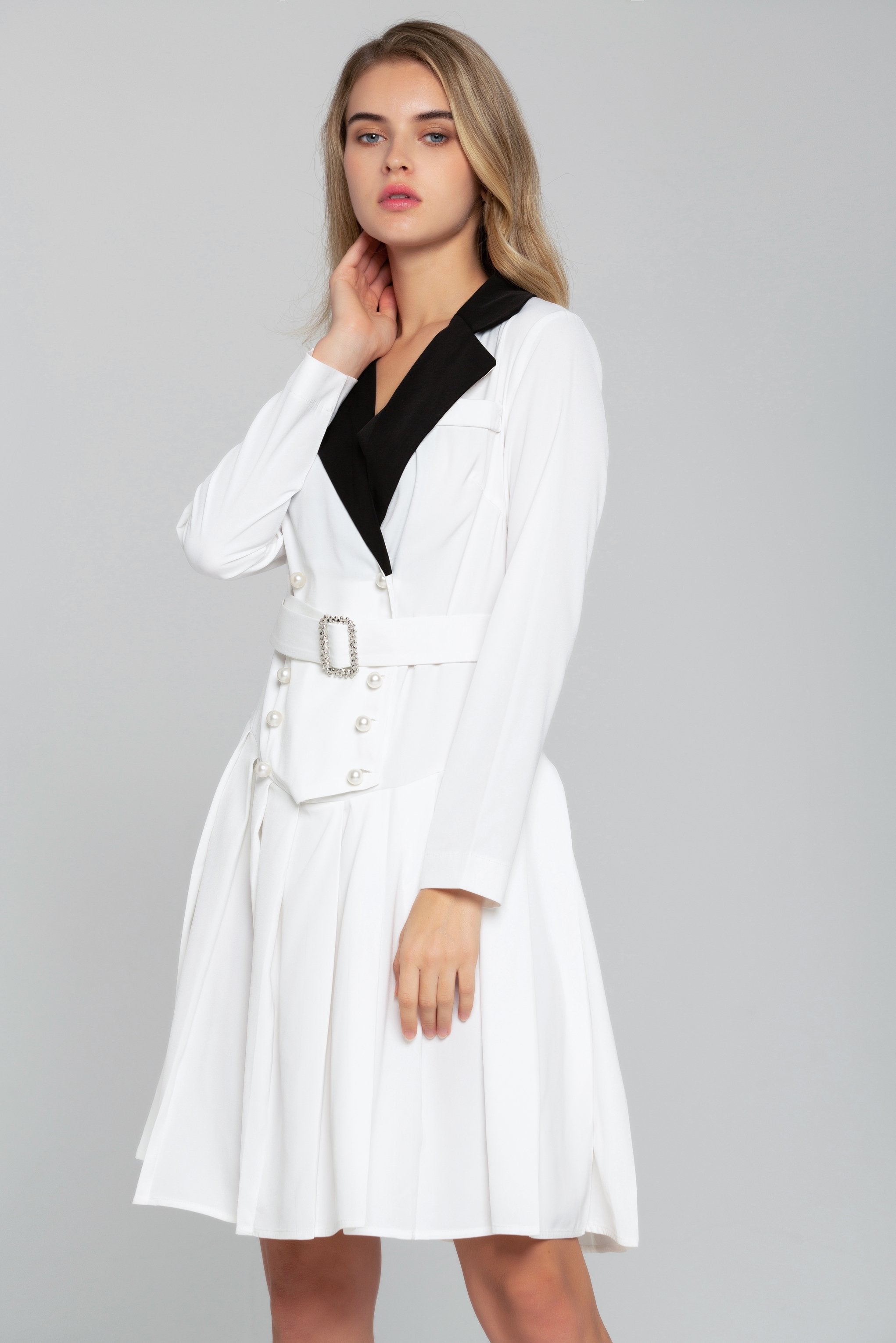 White and Black Collar Pearl Button-detail Blazer Dress - ownthelooks-Development