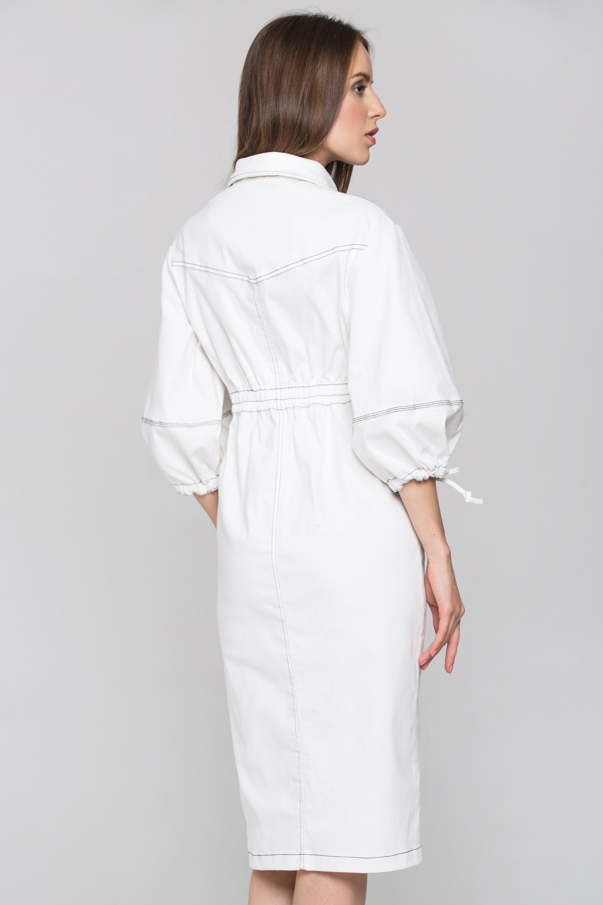 White and Black Contrast stitch Puff Sleeves Midi Shirt Dress - ownthelooks-Development