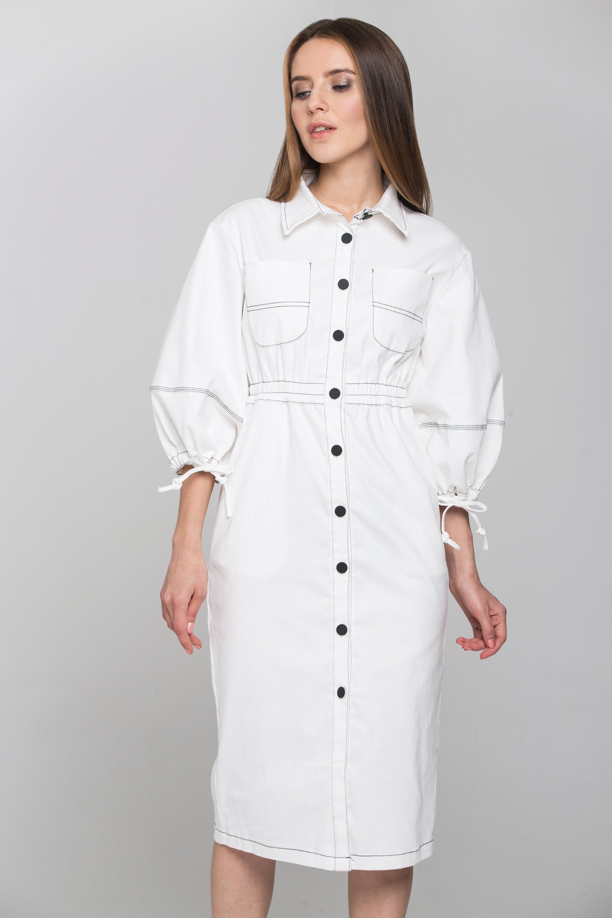 White and Black Contrast stitch Puff Sleeves Midi Shirt Dress - ownthelooks-Development