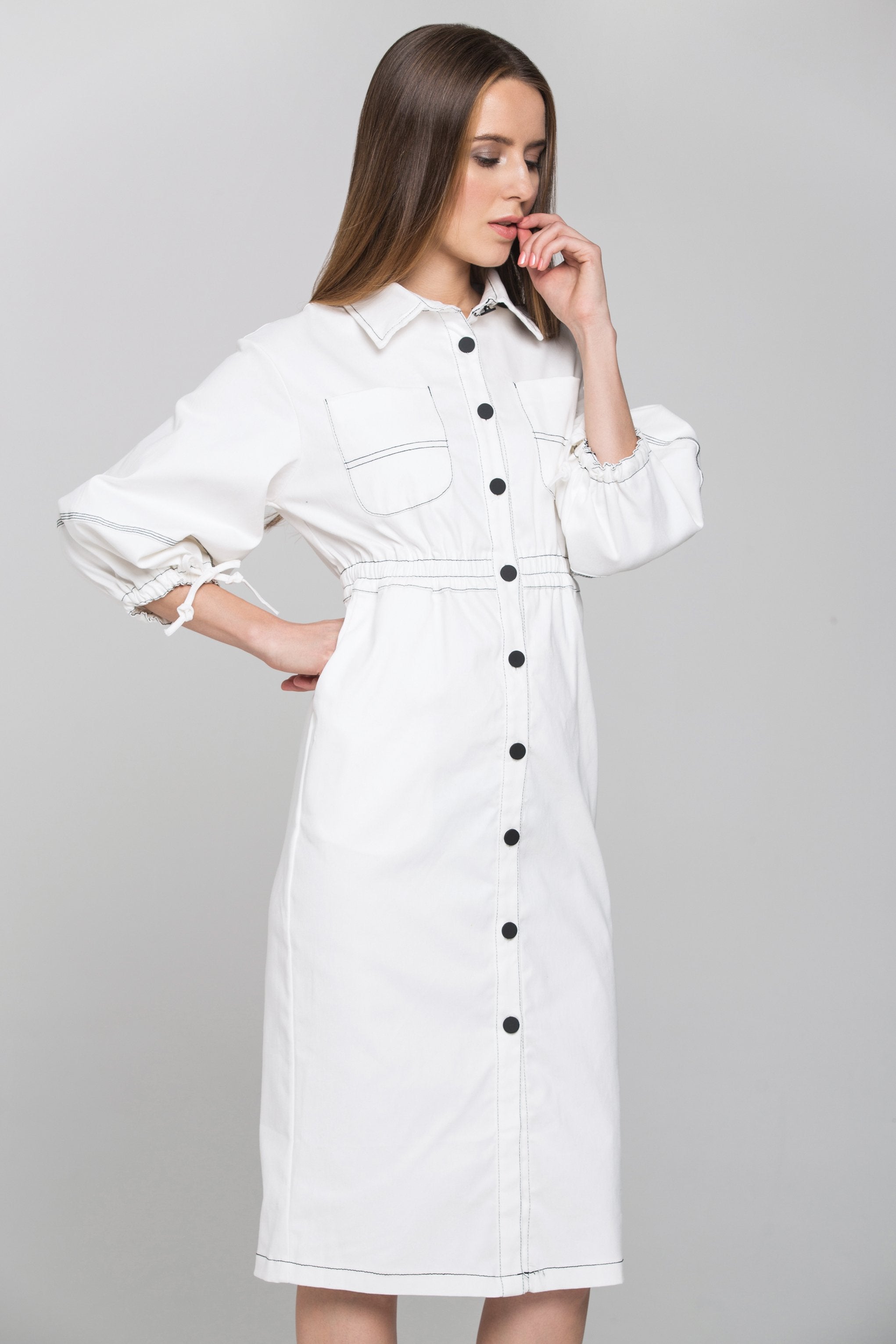 White and Black Contrast stitch Puff Sleeves Midi Shirt Dress - ownthelooks-Development