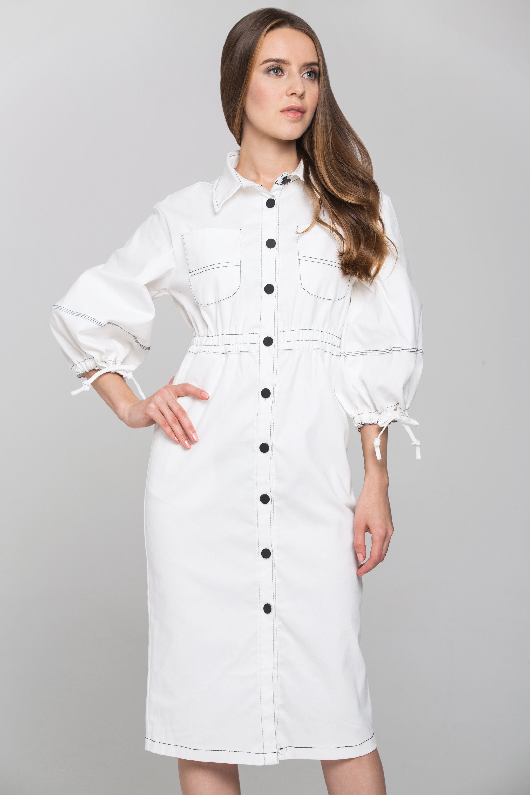 White and Black Contrast stitch Puff Sleeves Midi Shirt Dress - ownthelooks-Development