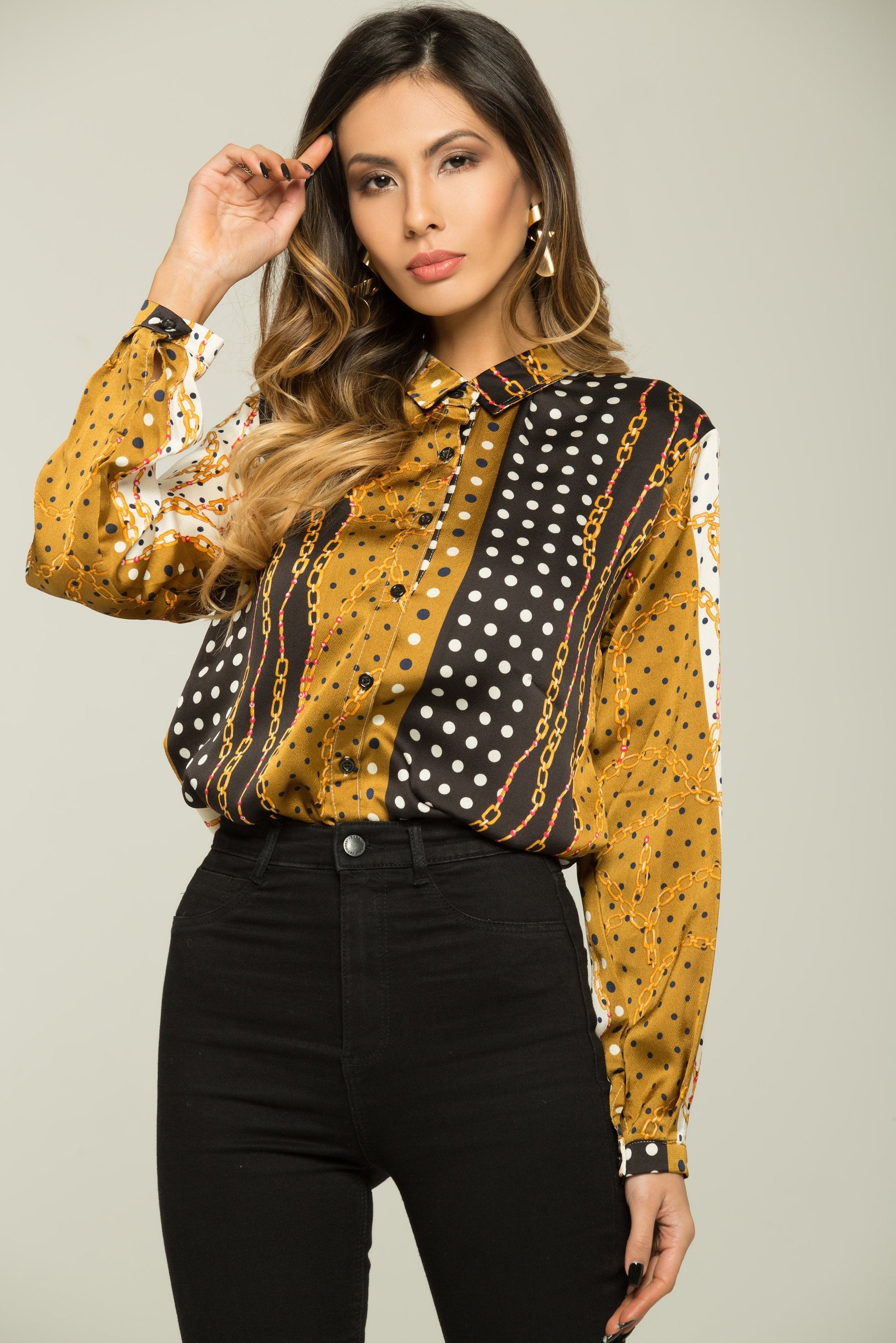 White and Black Dots with Gold Chains Print Button-up Top - ownthelooks-Development