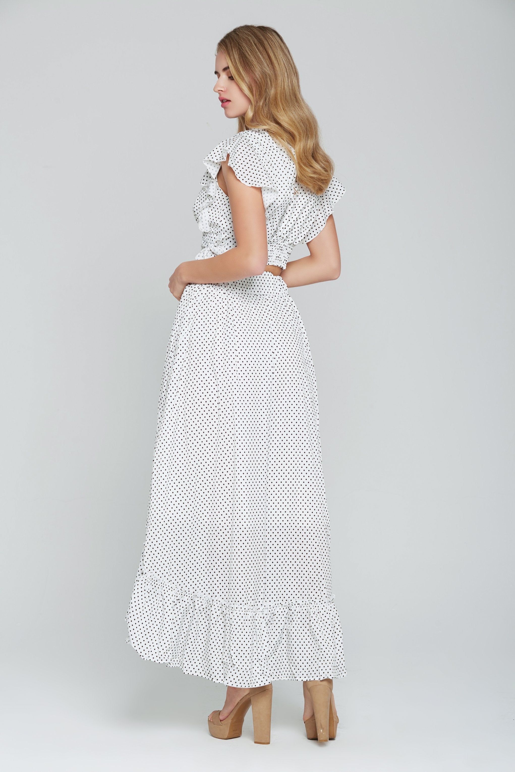 White and Black Polka dots Crop Top and Ruffled Skirt Set - ownthelooks-Development